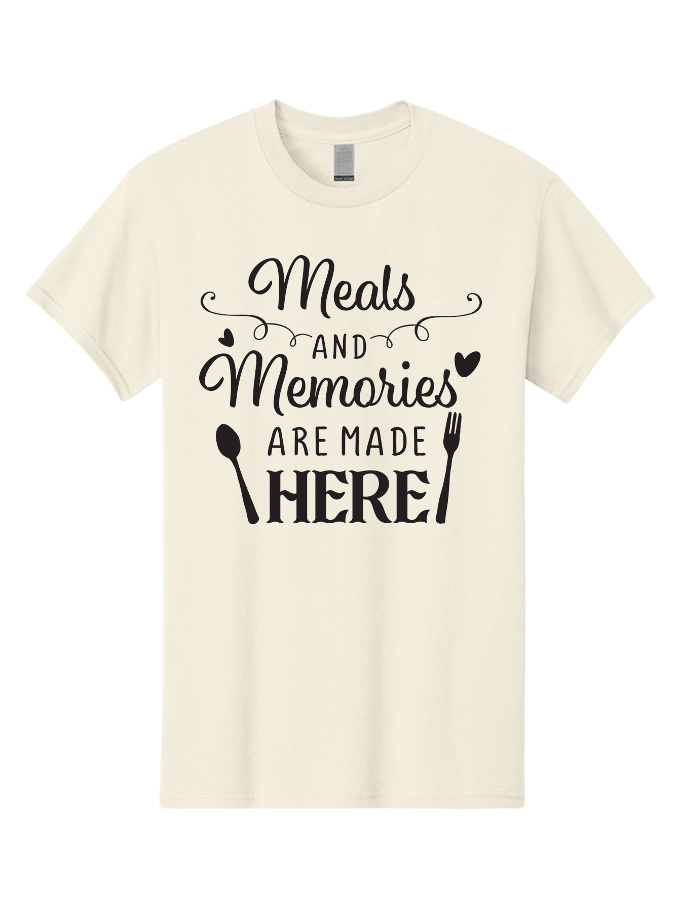 Meals-And-Memories-Are-Made-Here Men'S Graphic Tee, 100% Cotton, Comfortable Casual Summer Wear, Machine Washable, Dining Experience, Culinary Memories, Family Gatherings, Restaurant Signage, Heartfelt Messages, Utensil Illustrations, Aad000