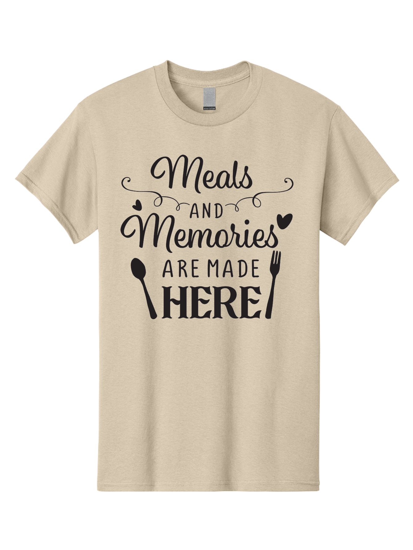 Meals-And-Memories-Are-Made-Here Men'S Graphic Tee, 100% Cotton, Comfortable Casual Summer Wear, Machine Washable, Dining Experience, Culinary Memories, Family Gatherings, Restaurant Signage, Heartfelt Messages, Utensil Illustrations, Aad000