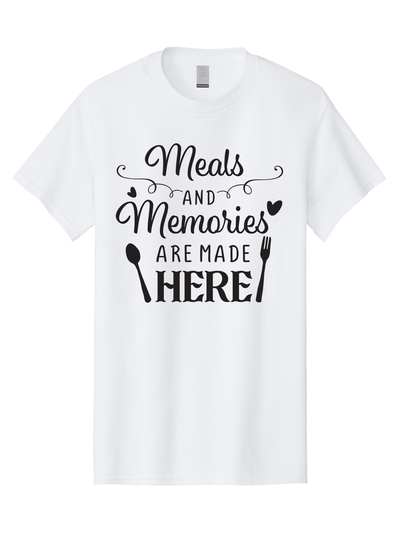 Meals-And-Memories-Are-Made-Here Men'S Graphic Tee, 100% Cotton, Comfortable Casual Summer Wear, Machine Washable, Dining Experience, Culinary Memories, Family Gatherings, Restaurant Signage, Heartfelt Messages, Utensil Illustrations, Aad000