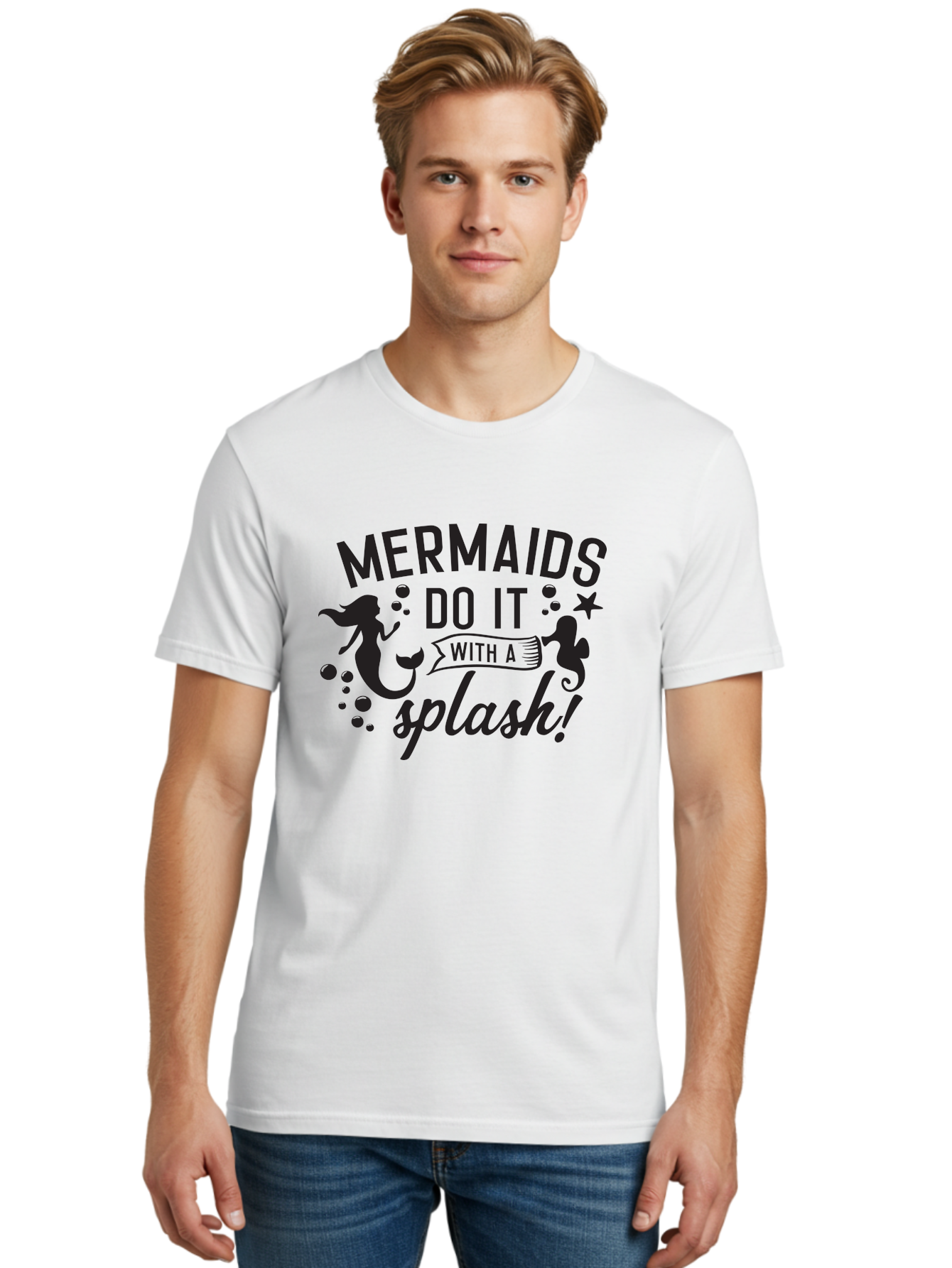 Mermaids-Do-It-With-A-Splash Men'S Graphic Tee, 100% Cotton, Comfortable Casual Summer Wear, Machine Washable, Mermaid Silhouettes, Ocean Creatures, Playful Graphics, Whimsical Design, Underwater Theme, Aquatic Life, Fun Phrases, Aad002