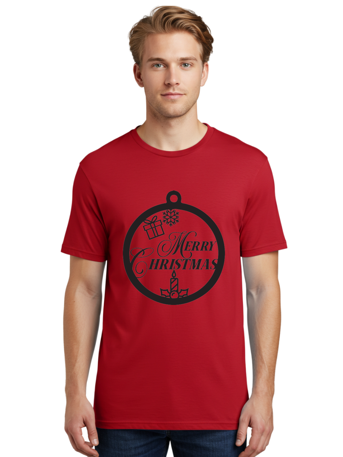 Merry-Christmas Men'S Graphic Tee, 100% Cotton, Comfortable Casual Summer Wear, Machine Washable, Christmas Ornament, Festive Decorations, Holiday Cheer, Merry Christmas Message, Gift Giving, Candlelight, Snowflake, Christmas Gifts, Aad004