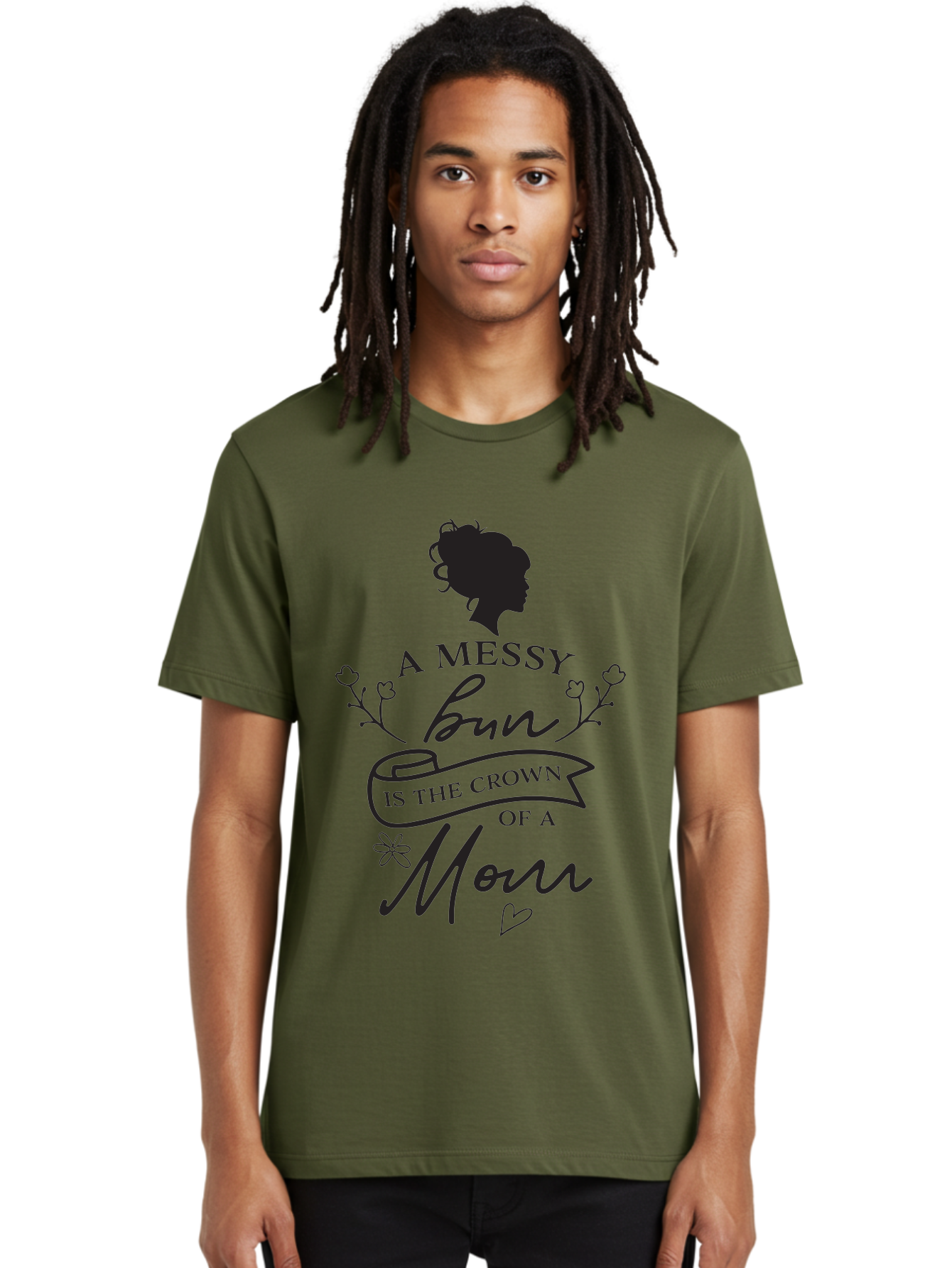 Messy-Bun Men'S Graphic Tee, 100% Cotton, Comfortable Casual Summer Wear, Machine Washable, Messy Bun Hairstyle, Mom Life, Motherhood, Cute Quote, Floral Design, Feminine Charm, Motherly Love, Hair Bun, Inspirational Quote Aad006