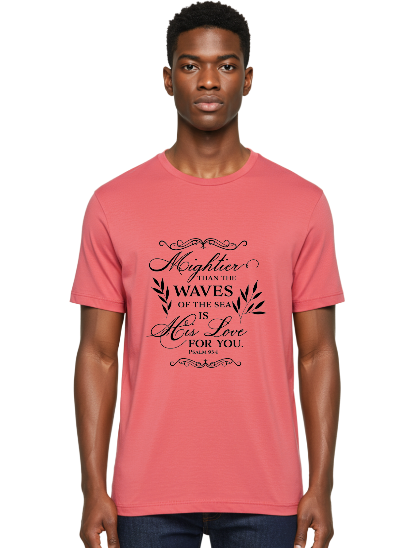 Mightier-Than-The-Waves-Of-The-Sea Men'S Graphic Tee, 100% Cotton, Comfortable Casual Summer Wear, Machine Washable, Inspirational Quote, Psalm 93:4, Bible Verse, Love For You, Waves Of The Sea, Mightier Love, Black Typography, Aad008