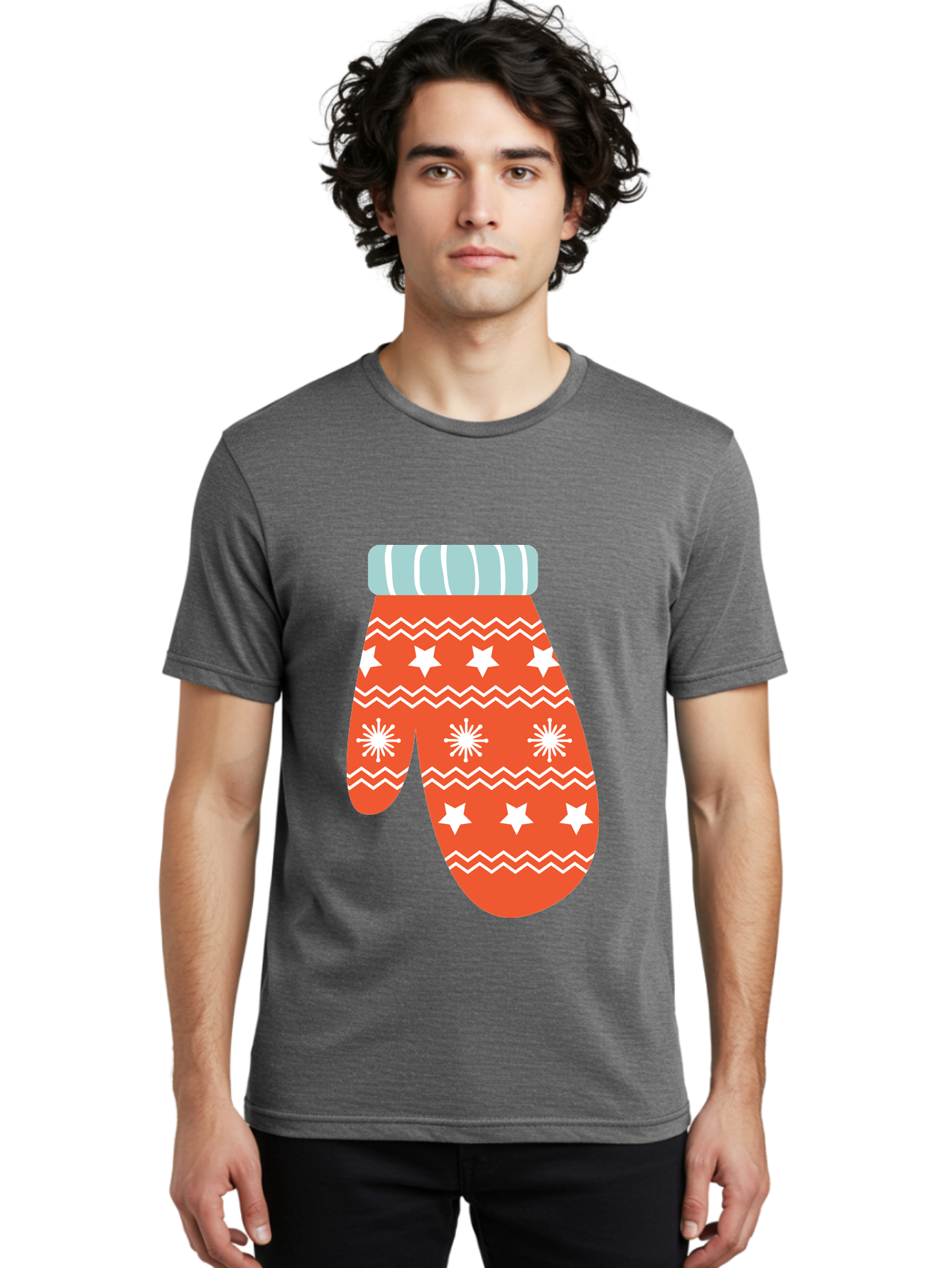 Mitten Men'S Graphic Tee, 100% Cotton, Comfortable Casual Summer Wear, Machine Washable, Red Christmas Mitten, White Snowflakes, White Stars, Zigzag Pattern, Winter Clothing, Holiday Accessories, Festive Design, Cold Weather Gear, Aad009