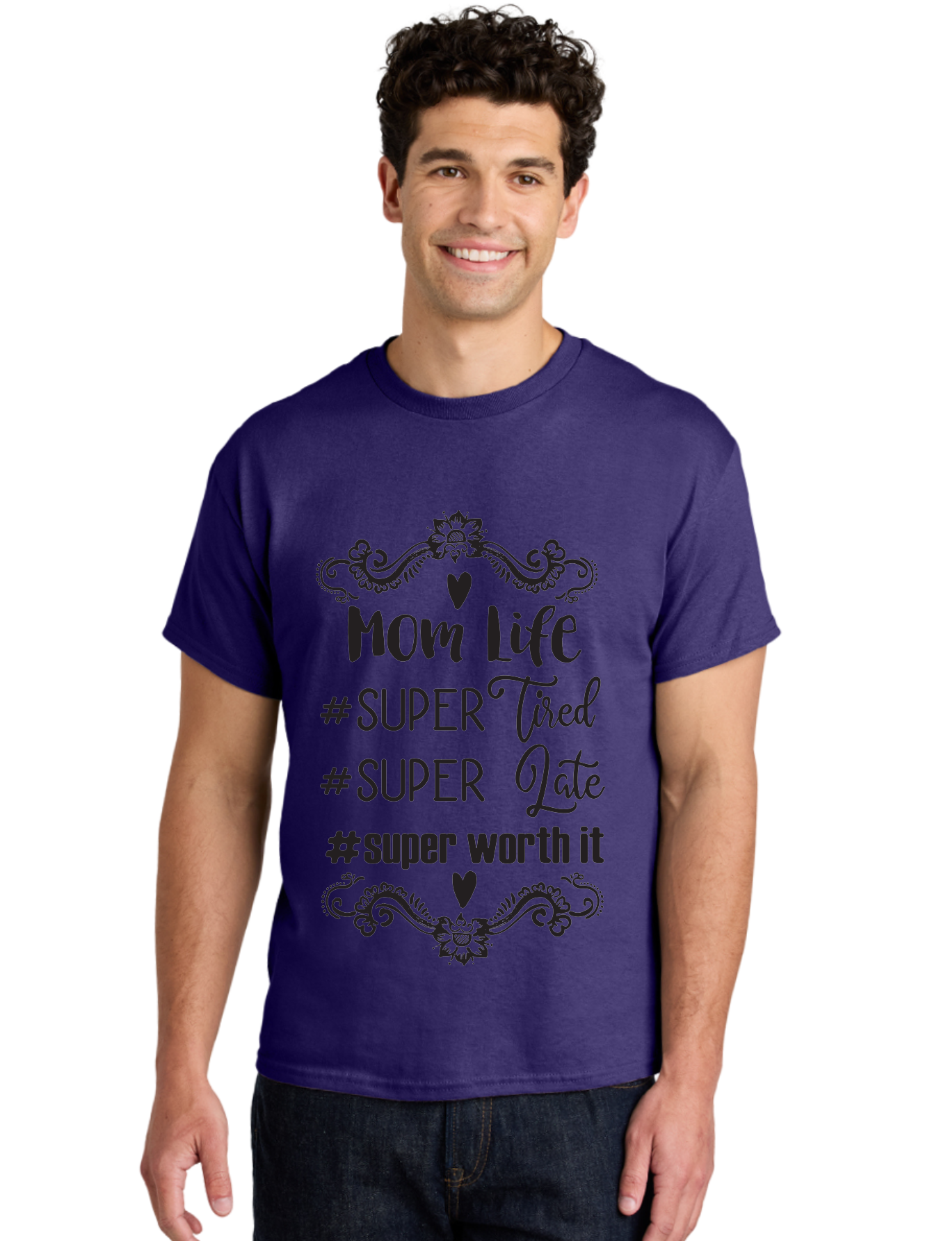 Mom-Life Men'S Graphic Tee, 100% Cotton, Comfortable Casual Summer Wear, Machine Washable, Mom Life, Motherhood, Parenting, Parenting Quote, Super Tired, Super Late, Super Worth It, Motherhood Journey, Mom Quote, Parenting Life Aad013