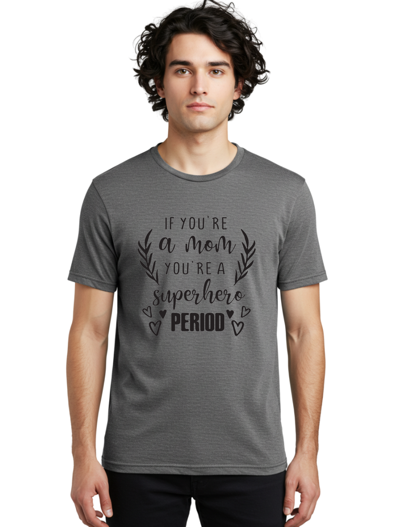 Mom-Superhero Men'S Graphic Tee, 100% Cotton, Comfortable Casual Summer Wear, Machine Washable, Motherhood Empowerment, Superhero Mom, Motherly Love, Inspirational Quote, Positive Affirmation, Heartwarming Message, Laurel Wreath, Hearts, Aad014