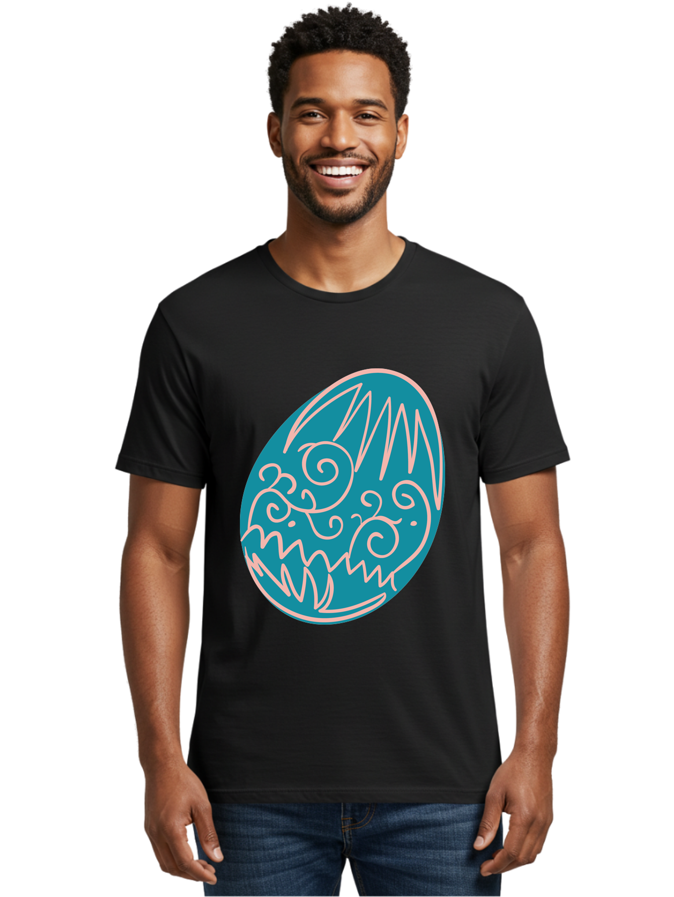 Monster-Egg Men'S Graphic Tee, 100% Cotton, Comfortable Casual Summer Wear, Machine Washable, Monster Face, Easter Egg, Blue Egg, White Outline, Playful Design, Cartoon Style, Abstract Art, Creative Illustration, Fantasy Creature, Aad020