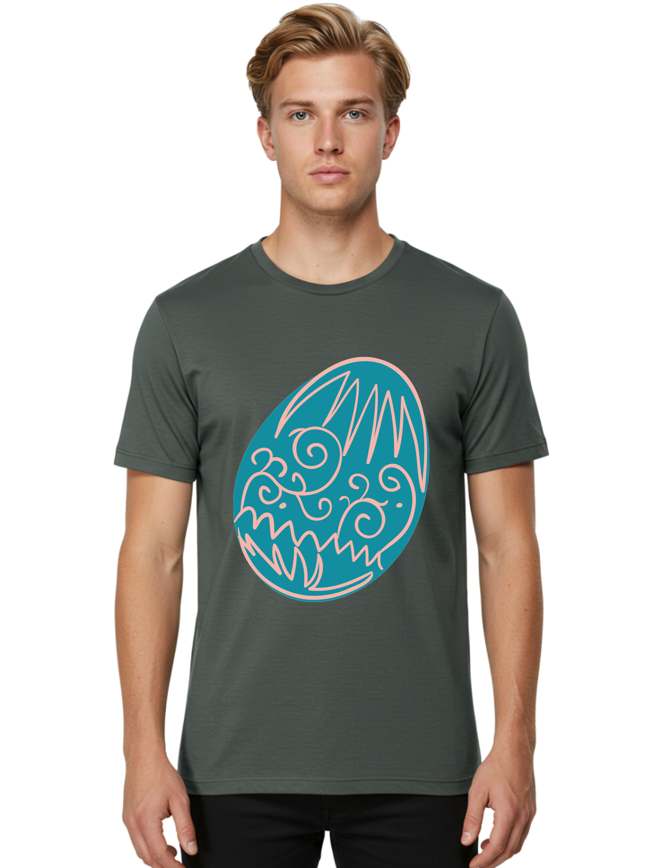 Monster-Egg Men'S Graphic Tee, 100% Cotton, Comfortable Casual Summer Wear, Machine Washable, Monster Face, Easter Egg, Blue Egg, White Outline, Playful Design, Cartoon Style, Abstract Art, Creative Illustration, Fantasy Creature, Aad020