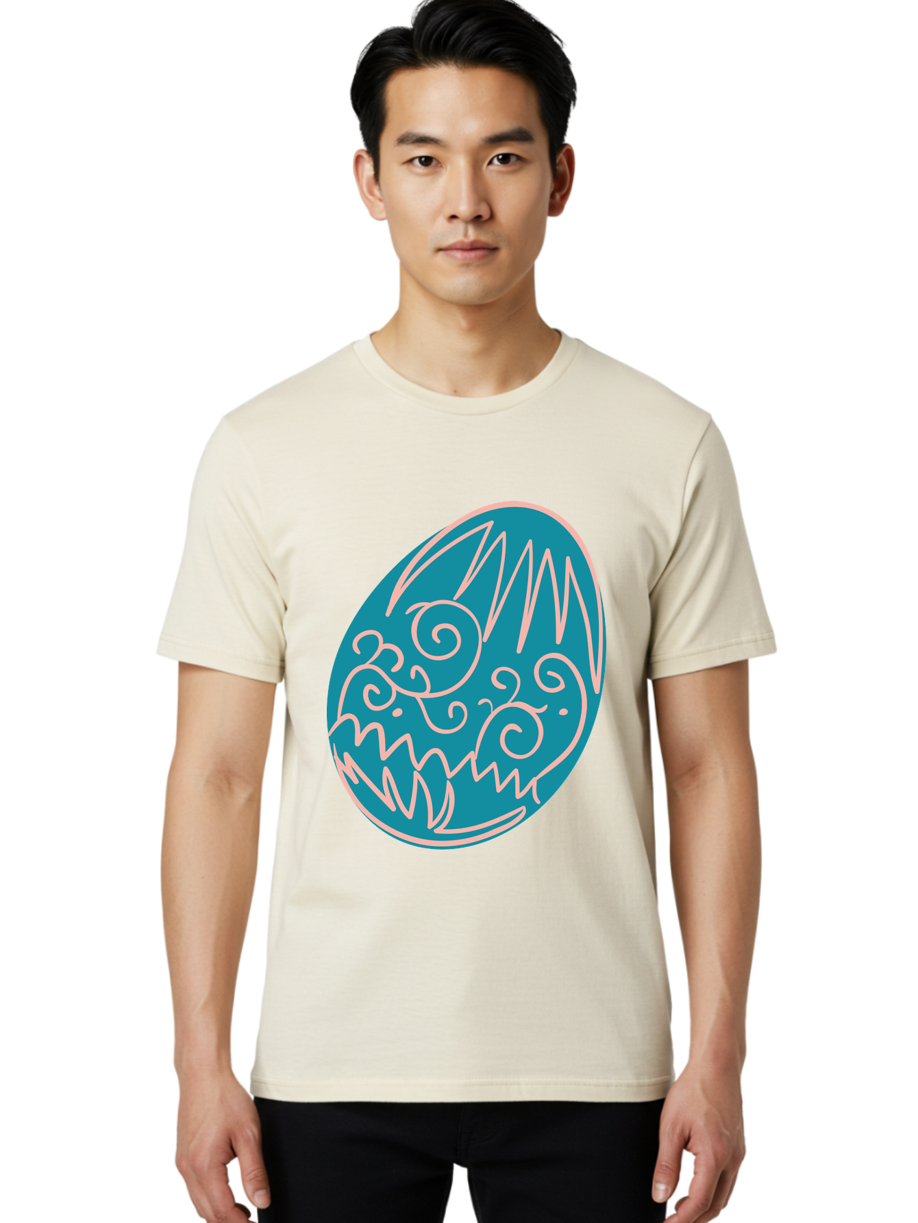 Monster-Egg Men'S Graphic Tee, 100% Cotton, Comfortable Casual Summer Wear, Machine Washable, Monster Face, Easter Egg, Blue Egg, White Outline, Playful Design, Cartoon Style, Abstract Art, Creative Illustration, Fantasy Creature, Aad020