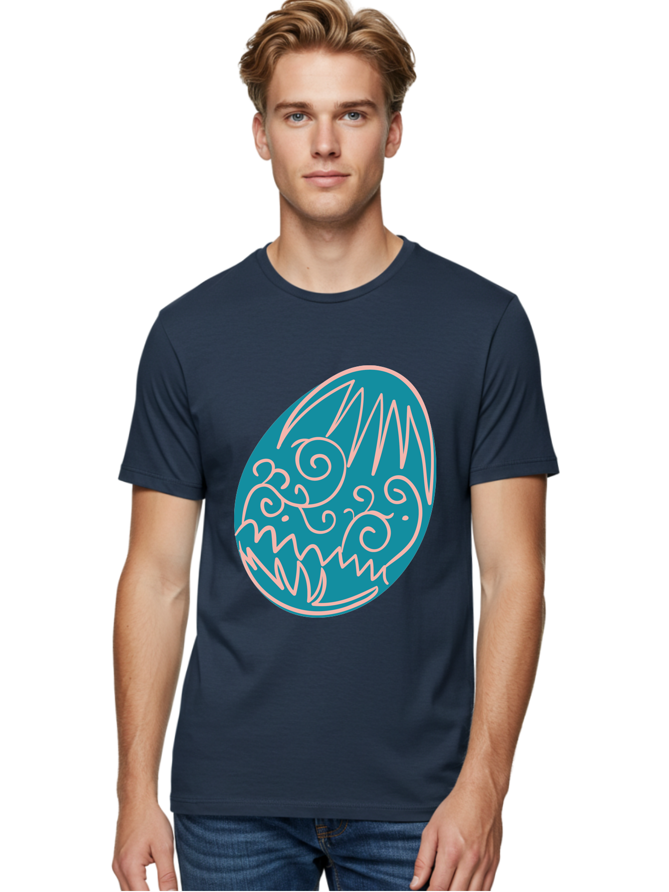 Monster-Egg Men'S Graphic Tee, 100% Cotton, Comfortable Casual Summer Wear, Machine Washable, Monster Face, Easter Egg, Blue Egg, White Outline, Playful Design, Cartoon Style, Abstract Art, Creative Illustration, Fantasy Creature, Aad020