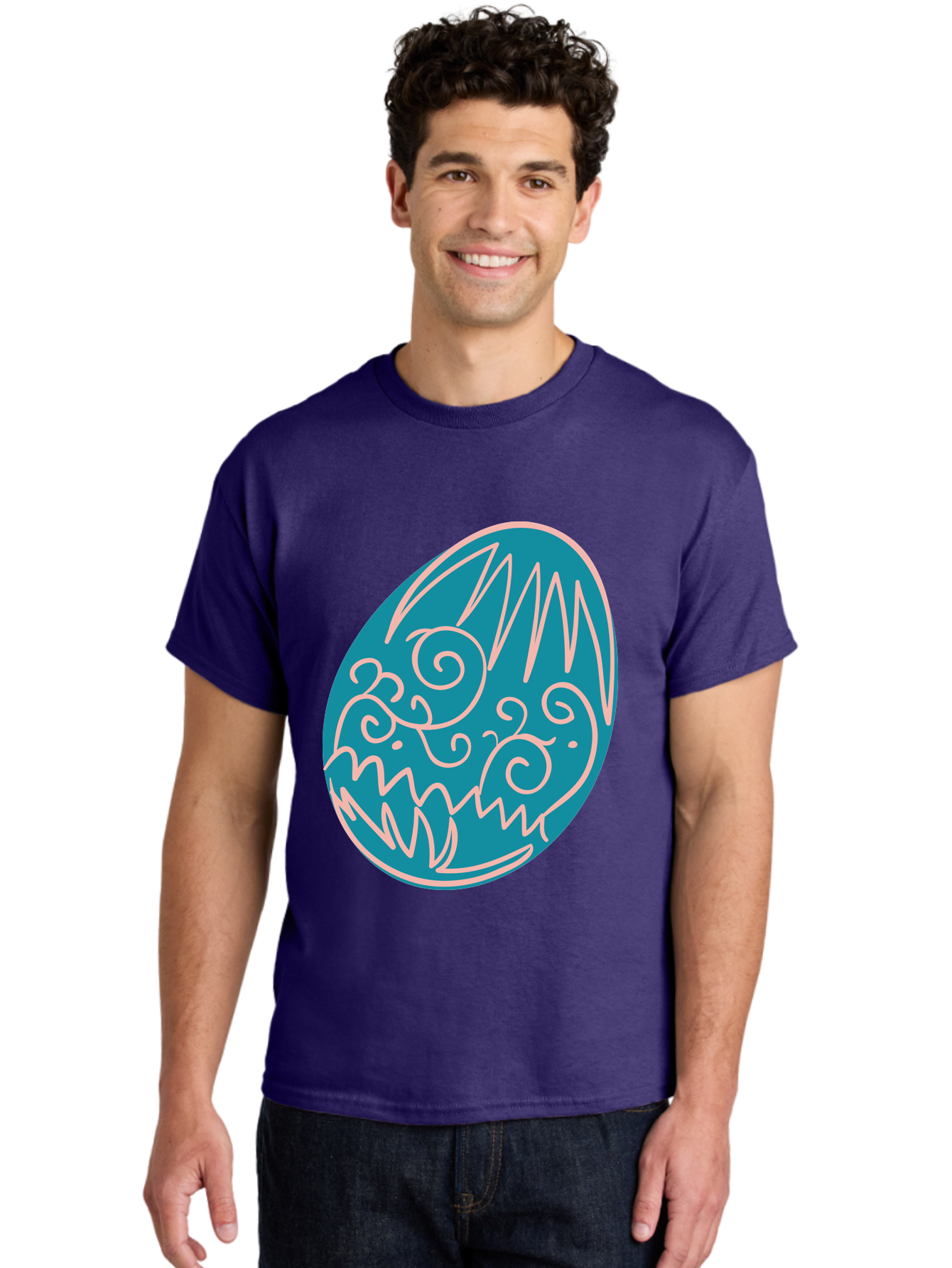 Monster-Egg Men'S Graphic Tee, 100% Cotton, Comfortable Casual Summer Wear, Machine Washable, Monster Face, Easter Egg, Blue Egg, White Outline, Playful Design, Cartoon Style, Abstract Art, Creative Illustration, Fantasy Creature, Aad020