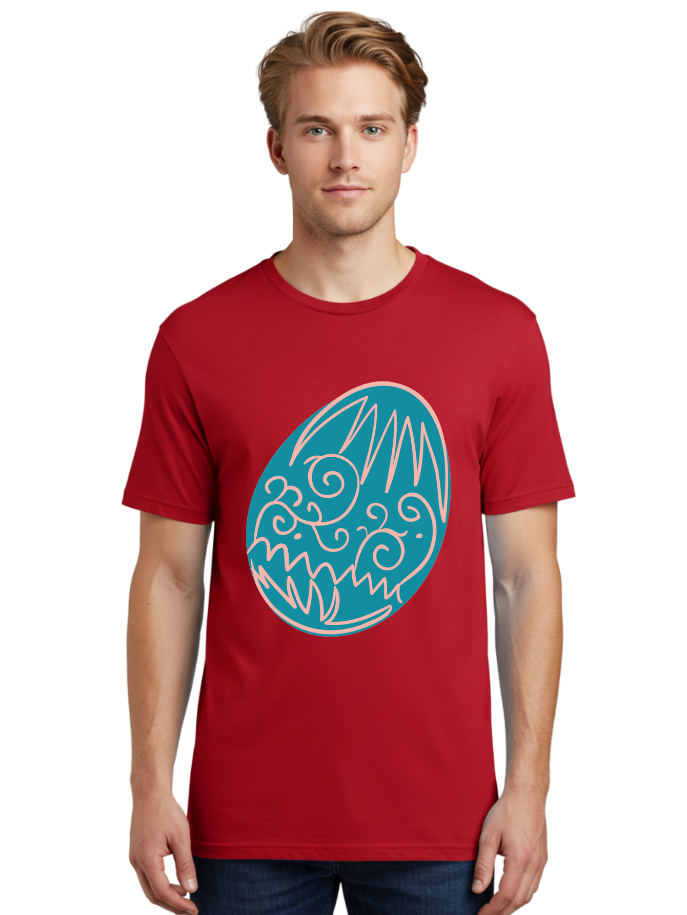 Monster-Egg Men'S Graphic Tee, 100% Cotton, Comfortable Casual Summer Wear, Machine Washable, Monster Face, Easter Egg, Blue Egg, White Outline, Playful Design, Cartoon Style, Abstract Art, Creative Illustration, Fantasy Creature, Aad020