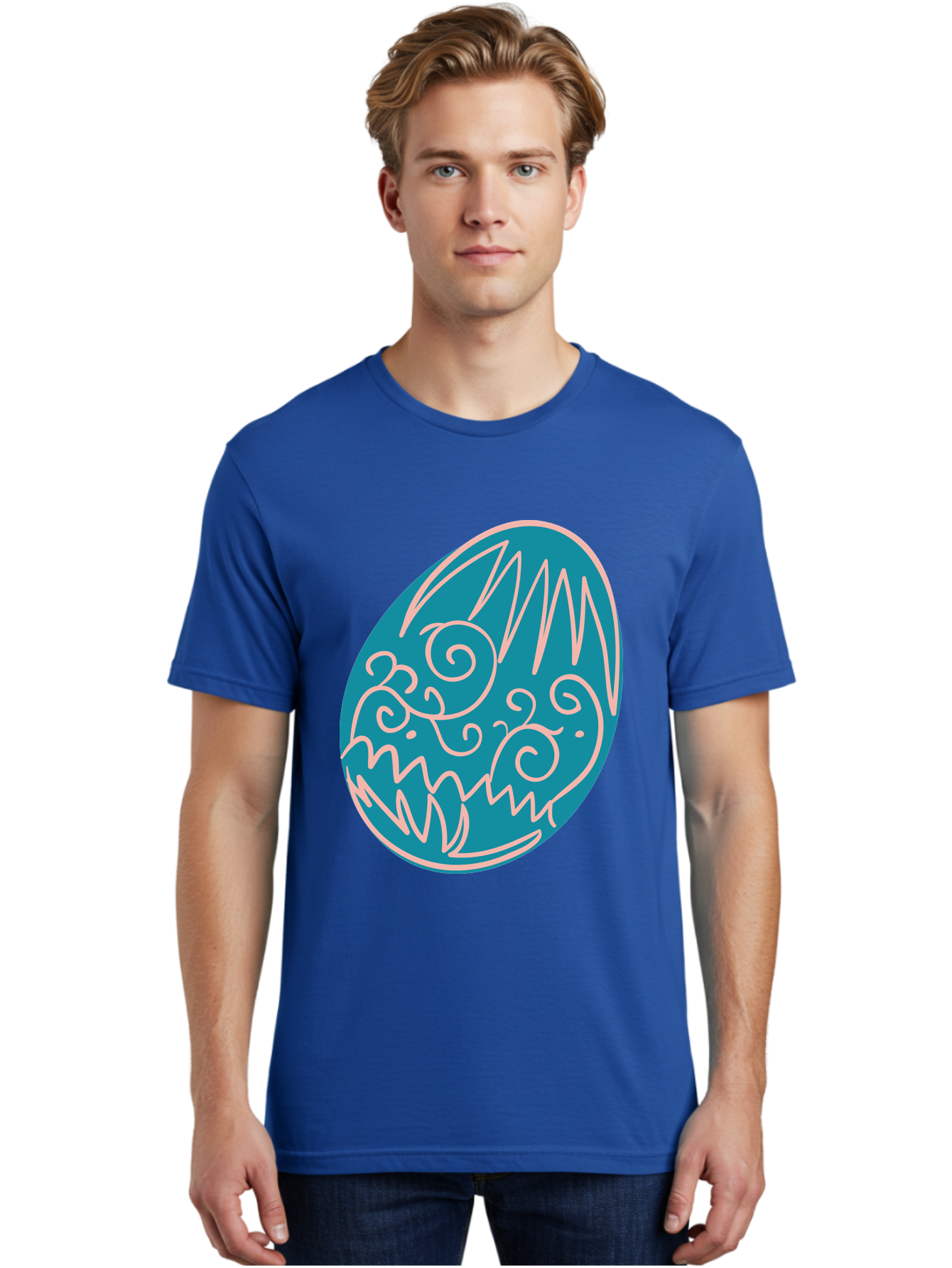 Monster-Egg Men'S Graphic Tee, 100% Cotton, Comfortable Casual Summer Wear, Machine Washable, Monster Face, Easter Egg, Blue Egg, White Outline, Playful Design, Cartoon Style, Abstract Art, Creative Illustration, Fantasy Creature, Aad020