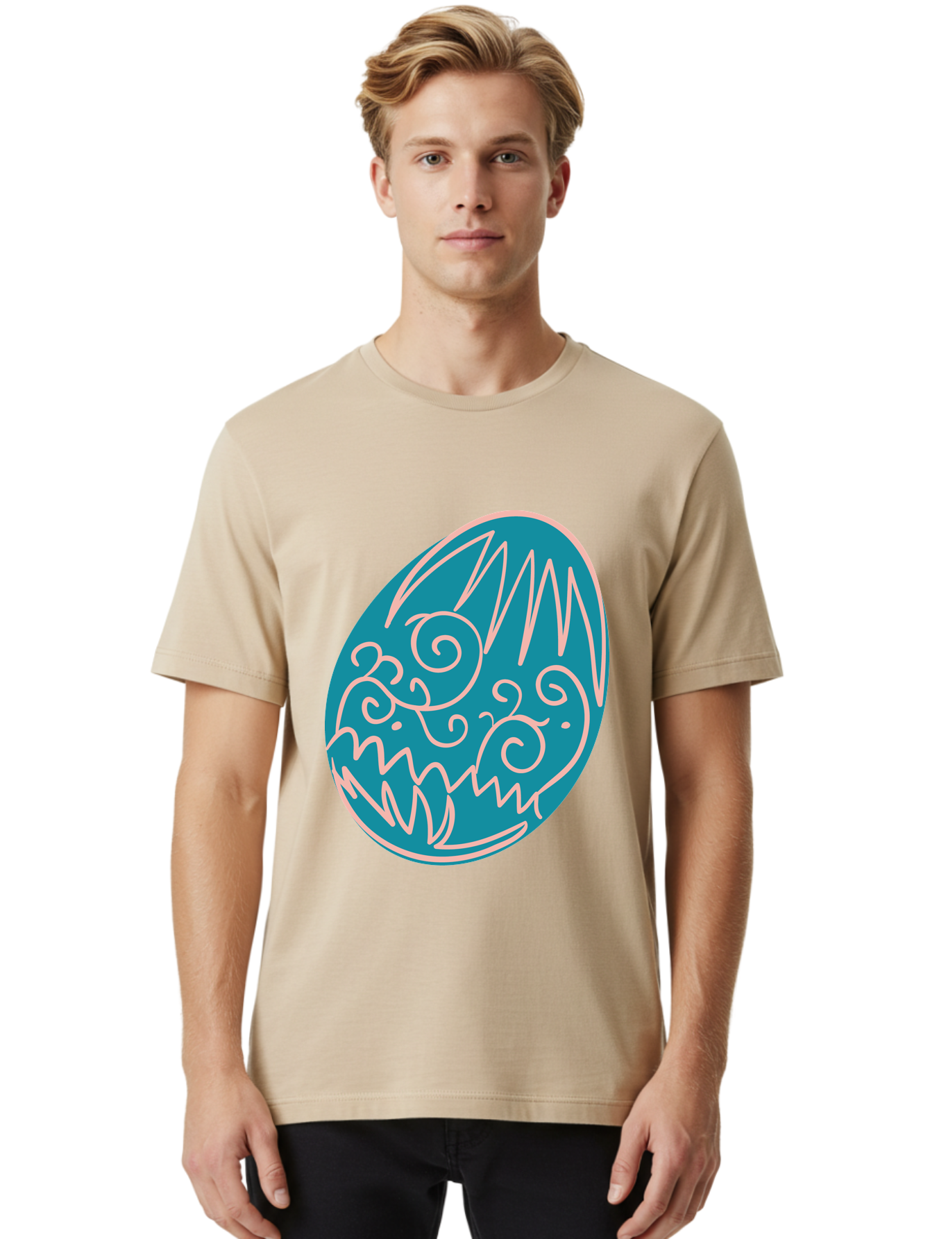 Monster-Egg Men'S Graphic Tee, 100% Cotton, Comfortable Casual Summer Wear, Machine Washable, Monster Face, Easter Egg, Blue Egg, White Outline, Playful Design, Cartoon Style, Abstract Art, Creative Illustration, Fantasy Creature, Aad020