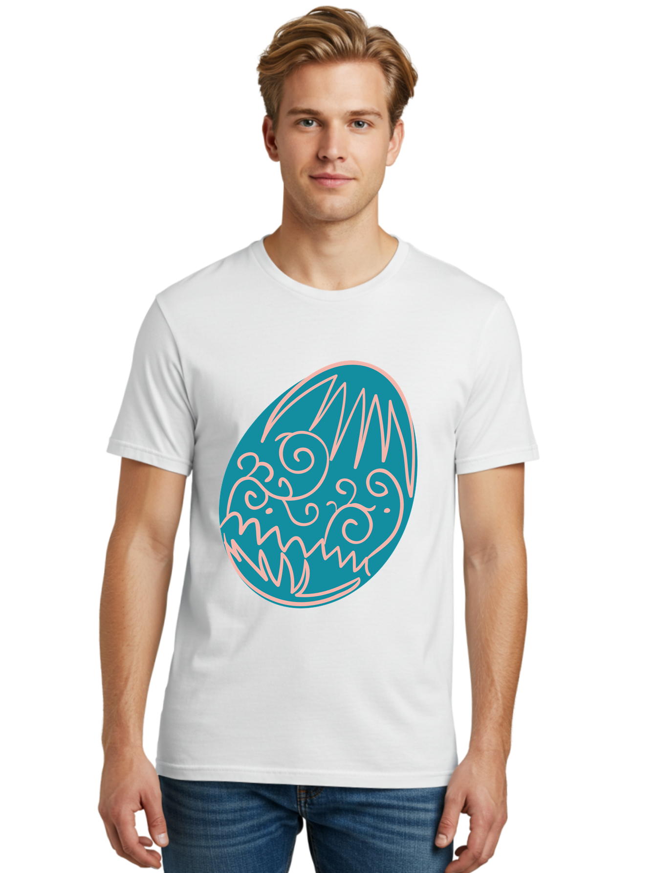 Monster-Egg Men'S Graphic Tee, 100% Cotton, Comfortable Casual Summer Wear, Machine Washable, Monster Face, Easter Egg, Blue Egg, White Outline, Playful Design, Cartoon Style, Abstract Art, Creative Illustration, Fantasy Creature, Aad020
