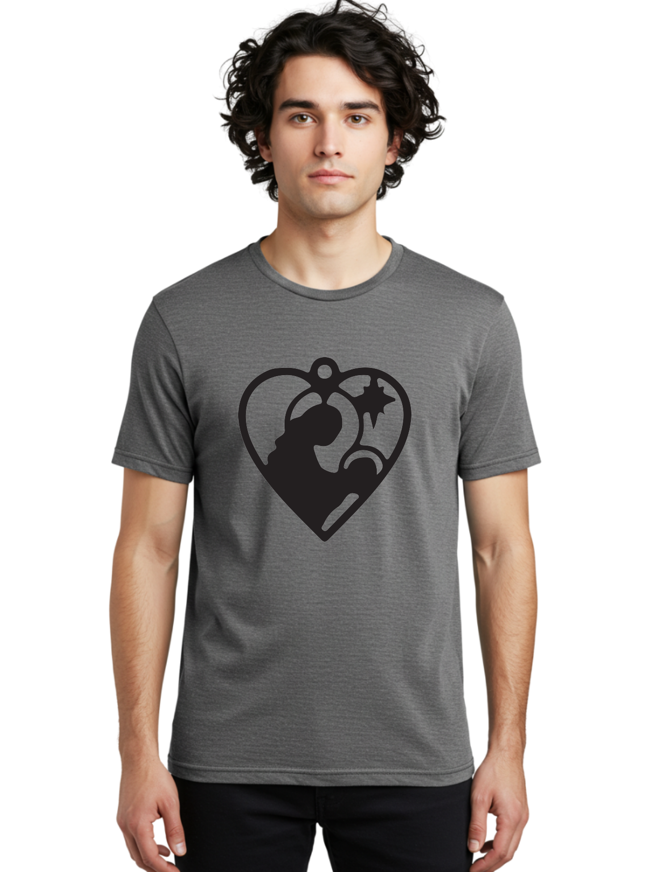 Mother-And-Child Men'S Graphic Tee, 100% Cotton, Comfortable Casual Summer Wear, Machine Washable, Mother And Child Silhouette, Heart-Shaped Ornament, Love Symbol, Family Bond, Nurturing Moment, Star And Crescent Moon Aad021