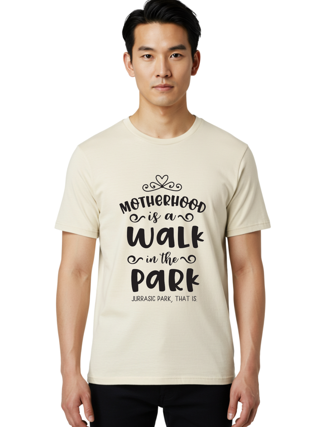 Motherhood-Is-A-Walk-In-Jurassic-Park Men'S Graphic Tee, 100% Cotton, Comfortable Casual Summer Wear, Machine Washable, Funny Motherhood Quote, Humorous Parenting Phrase, Jurassic Park Reference, Playful Mom Joke, Parenting Humor, Mom Life, Aad027