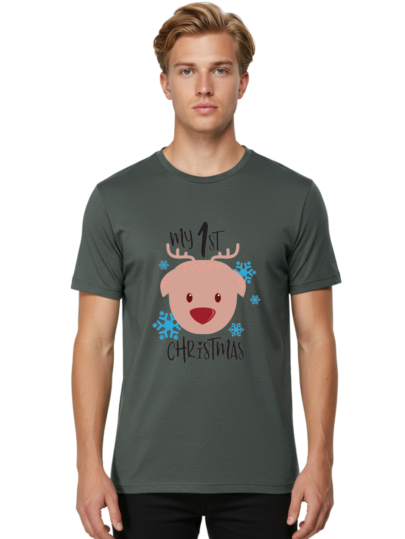 My-1St-Christist Men'S Graphic Tee, 100% Cotton, Comfortable Casual Summer Wear, Machine Washable, Baby'S First Christmas, Festive Illustration, Cute Reindeer Face, Snowflakes, Holiday Design, Winter Wonderland, Joyful Atmosphere, Aad033