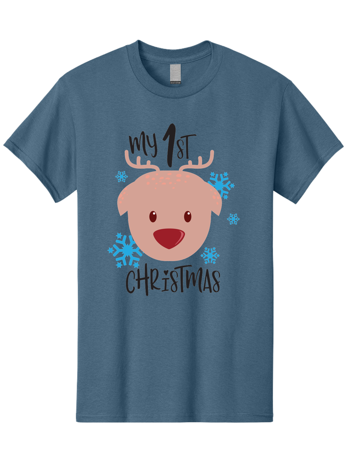 My-1St-Christist Men'S Graphic Tee, 100% Cotton, Comfortable Casual Summer Wear, Machine Washable, Baby'S First Christmas, Festive Illustration, Cute Reindeer Face, Snowflakes, Holiday Design, Winter Wonderland, Joyful Atmosphere, Aad033