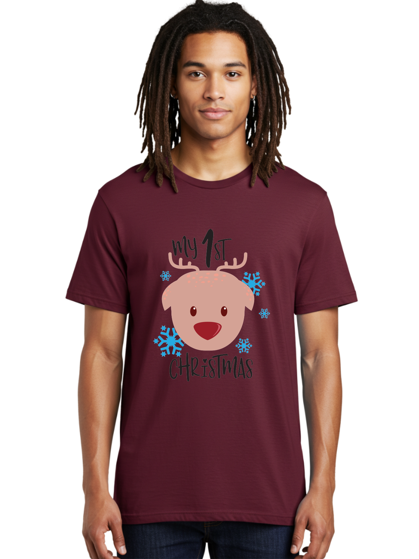 My-1St-Christist Men'S Graphic Tee, 100% Cotton, Comfortable Casual Summer Wear, Machine Washable, Baby'S First Christmas, Festive Illustration, Cute Reindeer Face, Snowflakes, Holiday Design, Winter Wonderland, Joyful Atmosphere, Aad033