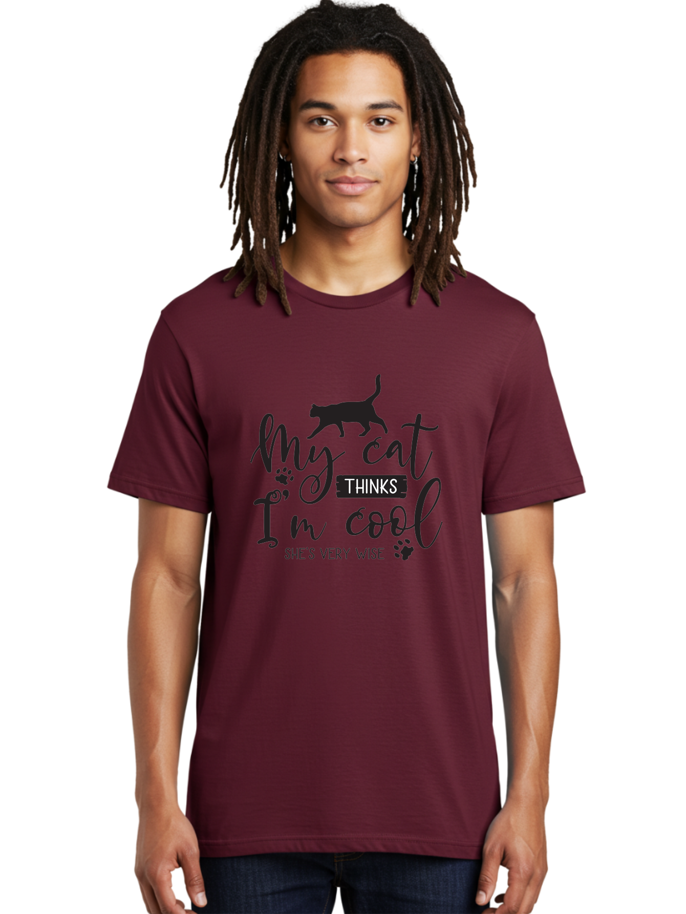 My-Cat-Thinks-I-M-Cool Men'S Graphic Tee, 100% Cotton, Comfortable Casual Summer Wear, Machine Washable, Funny Cat Quote, Cat Lovers Gift, Cool Cat Design, Feline Humor, Witty Saying, Cat Paw Prints, Clever Typography, Cat Silhouette Aad035