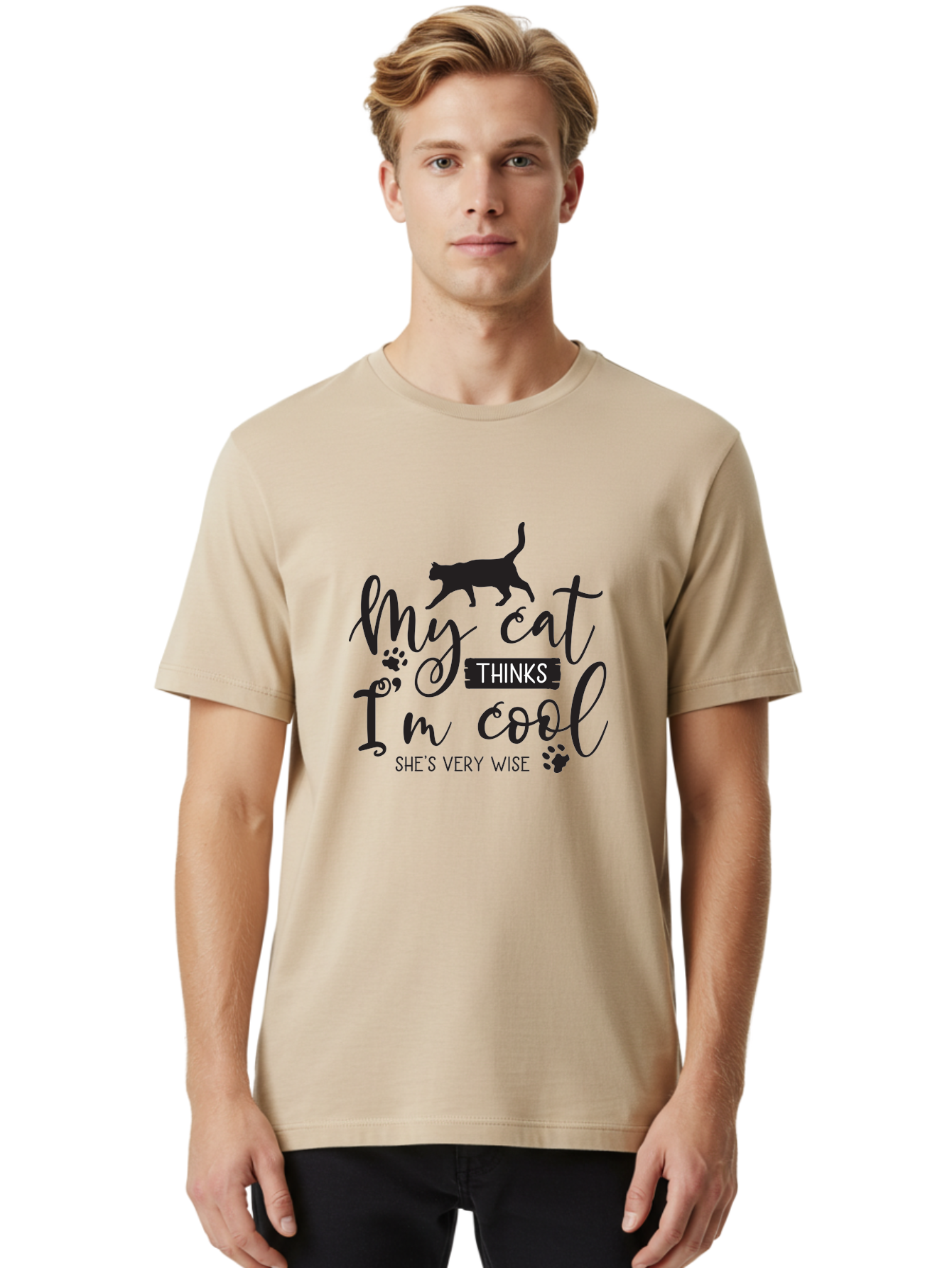 My-Cat-Thinks-I-M-Cool Men'S Graphic Tee, 100% Cotton, Comfortable Casual Summer Wear, Machine Washable, Funny Cat Quote, Cat Lovers Gift, Cool Cat Design, Feline Humor, Witty Saying, Cat Paw Prints, Clever Typography, Cat Silhouette Aad035