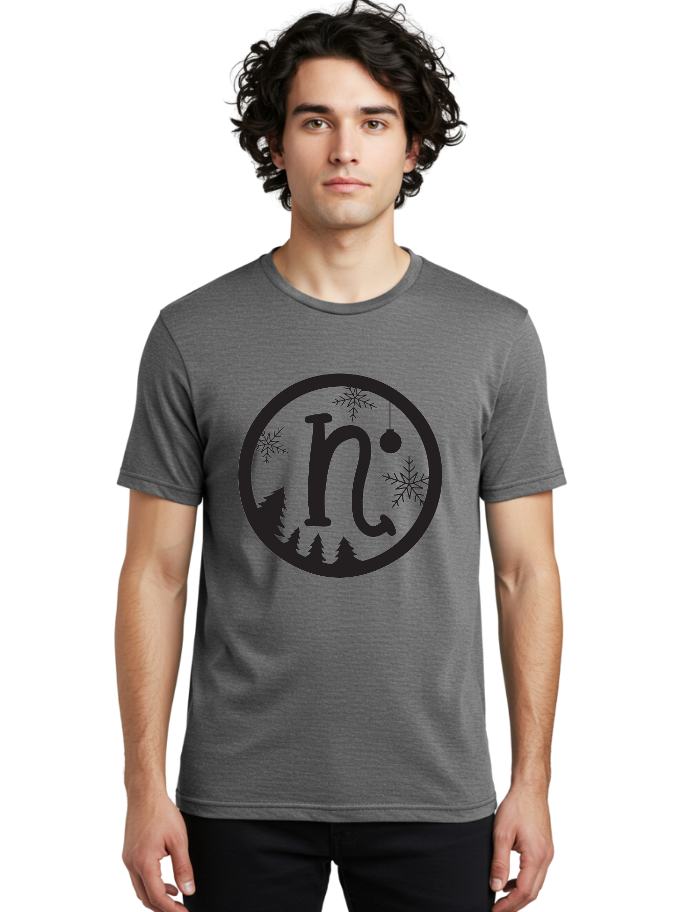 N Men'S Graphic Tee, 100% Cotton, Comfortable Casual Summer Wear, Machine Washable, Winter Wonderland, Snowflakes, Christmas Ornament, Pine Trees, Festive Decor, Holiday Theme, Winter Season Aad049