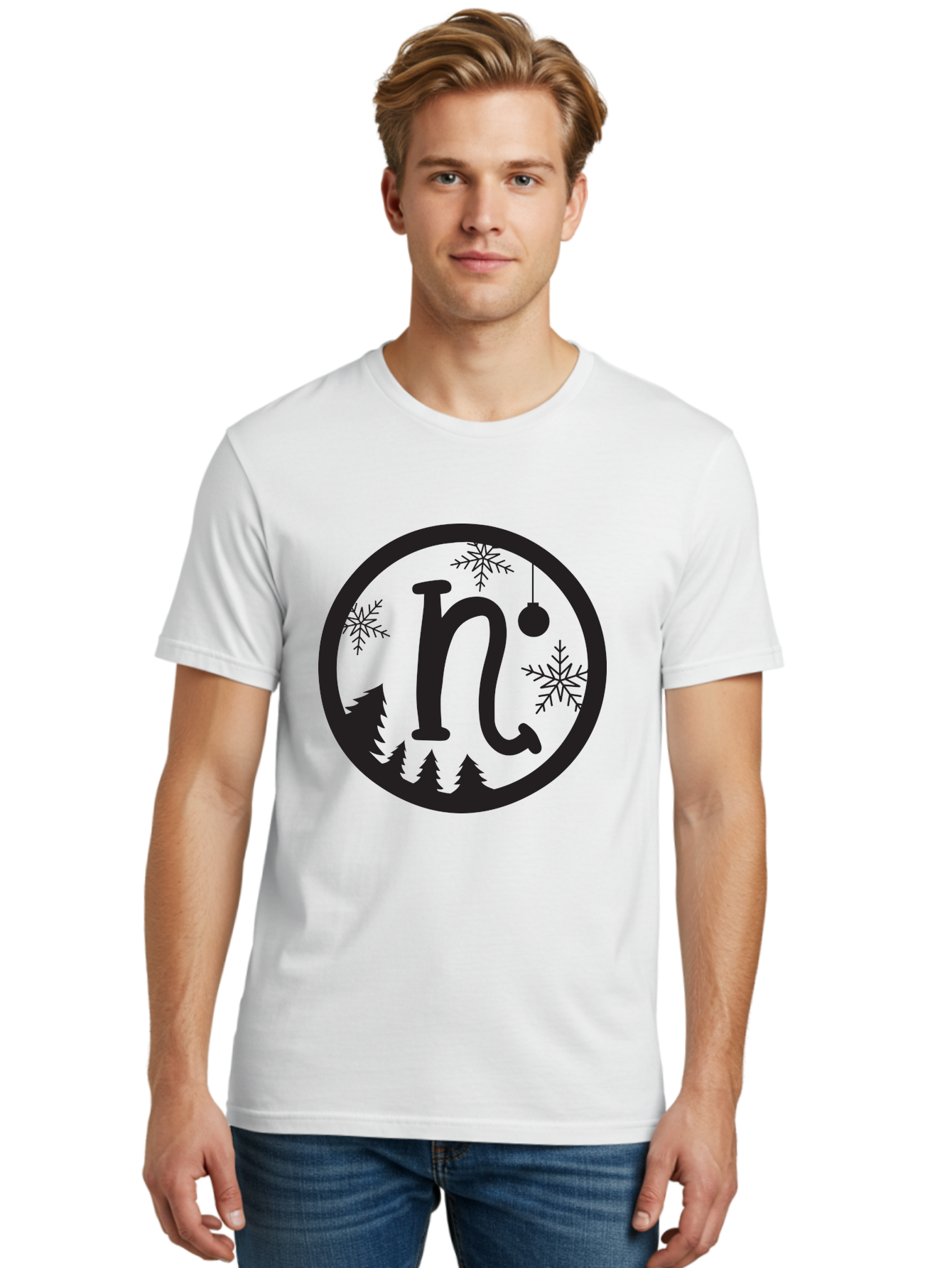 N Men'S Graphic Tee, 100% Cotton, Comfortable Casual Summer Wear, Machine Washable, Winter Wonderland, Snowflakes, Christmas Ornament, Pine Trees, Festive Decor, Holiday Theme, Winter Season Aad049