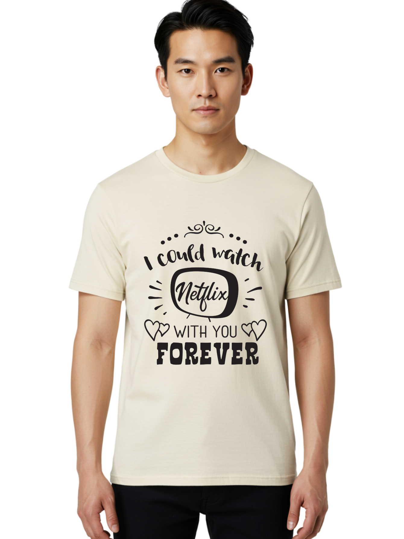 Netflix-Forever Men'S Graphic Tee, 100% Cotton, Comfortable Casual Summer Wear, Machine Washable, Netflix Quote, Watch Netflix With You Forever, Hearts, Romantic Phrase, Tv Show Lovers, Couple Goals, Streaming Service, Binging Together Aad052