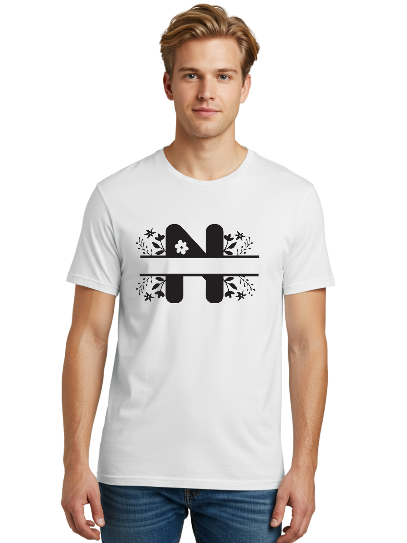 Nt-Logo Men'S Graphic Tee, 100% Cotton, Comfortable Casual Summer Wear, Machine Washable, Stylish Alphabet, Floral Design, Artistic Typography, Decorative Lettering, Elegant Font Style, Creative Graphics, Floral Motifs, Bold Typography, Aad061