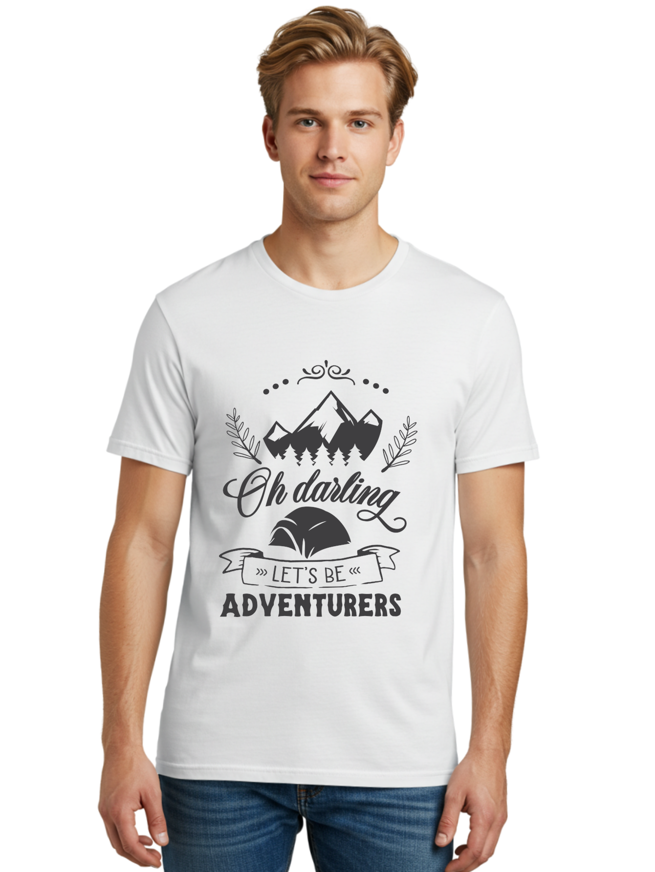 Oh-Darling-Let-S-Be-Adventurers Men'S Graphic Tee, 100% Cotton, Comfortable Casual Summer Wear, Machine Washable, Outdoor Adventure, Travel Inspiration, Wanderlust, Mountain Landscape, Forest Scenery, Inspirational Quotes, Aad066