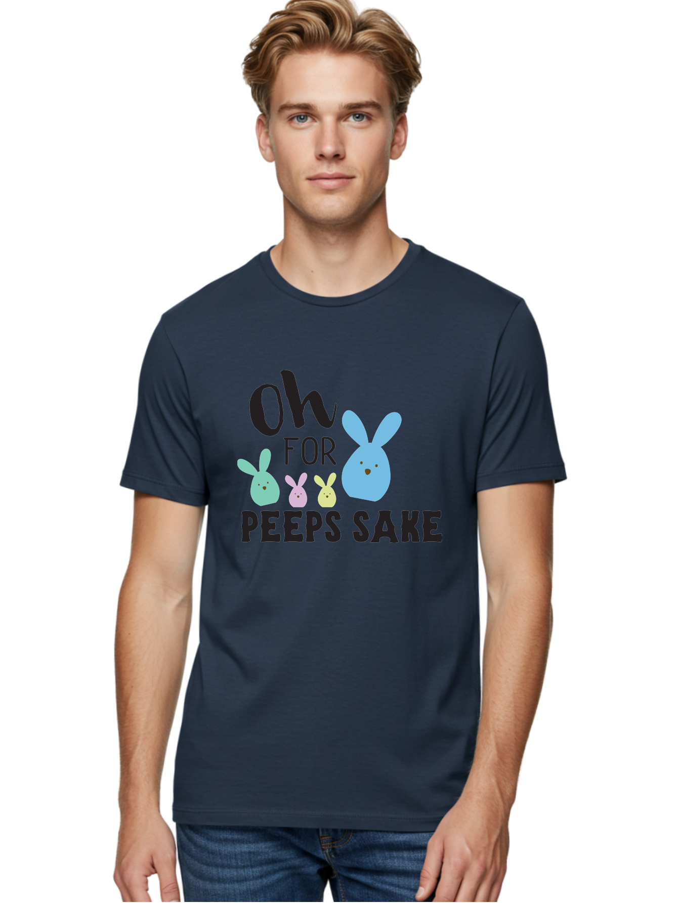 Oh-For-Peeps-Sake Men'S Graphic Tee, 100% Cotton, Comfortable Casual Summer Wear, Machine Washable, Easter Bunnies, Pastel Colors, Cute Cartoon Characters, Funny Easter Quote, Peeps Candy, Bunny Love, Easter Fun, Spring Vibes Aad067