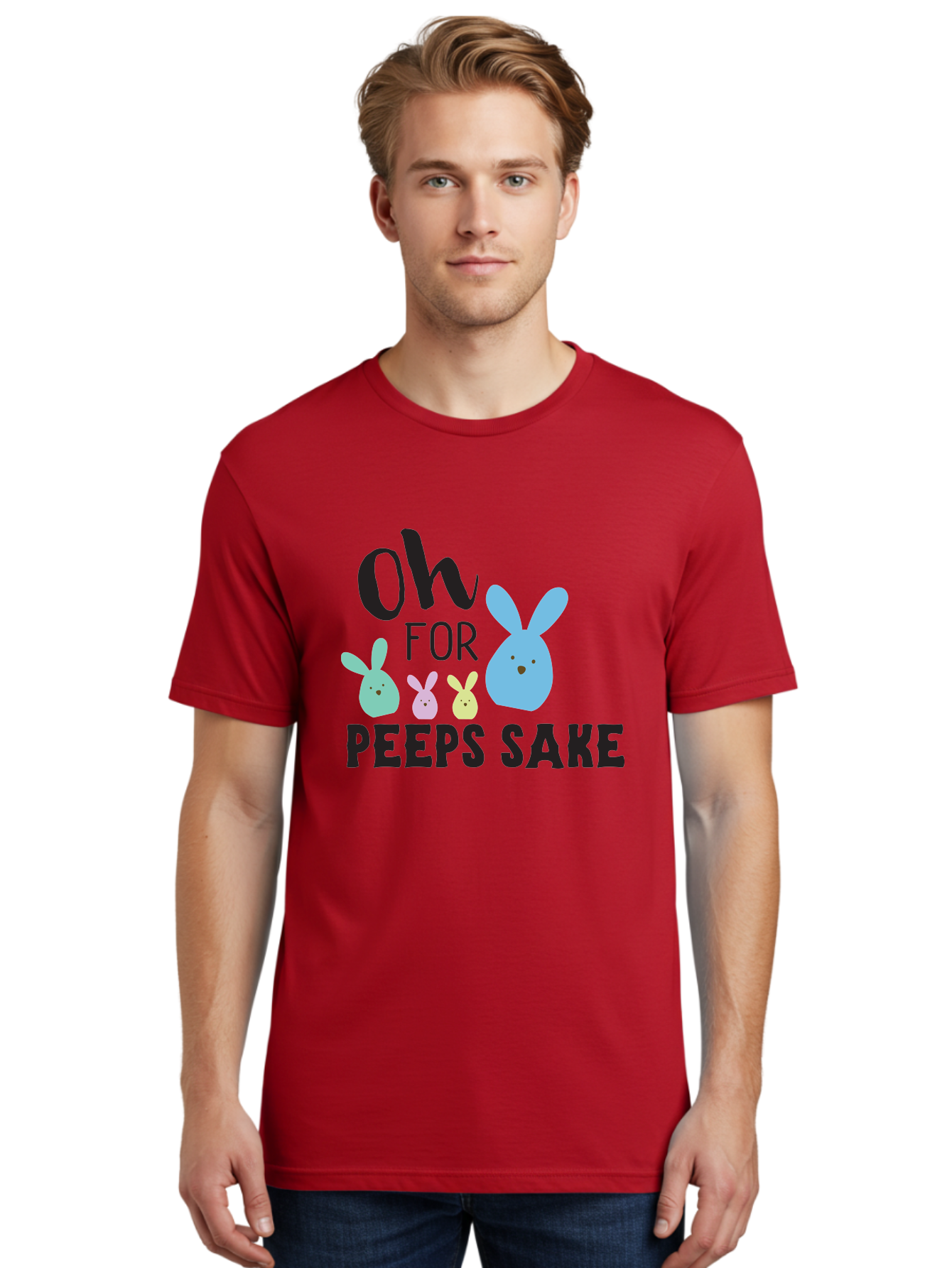 Oh-For-Peeps-Sake Men'S Graphic Tee, 100% Cotton, Comfortable Casual Summer Wear, Machine Washable, Easter Bunnies, Pastel Colors, Cute Cartoon Characters, Funny Easter Quote, Peeps Candy, Bunny Love, Easter Fun, Spring Vibes Aad067