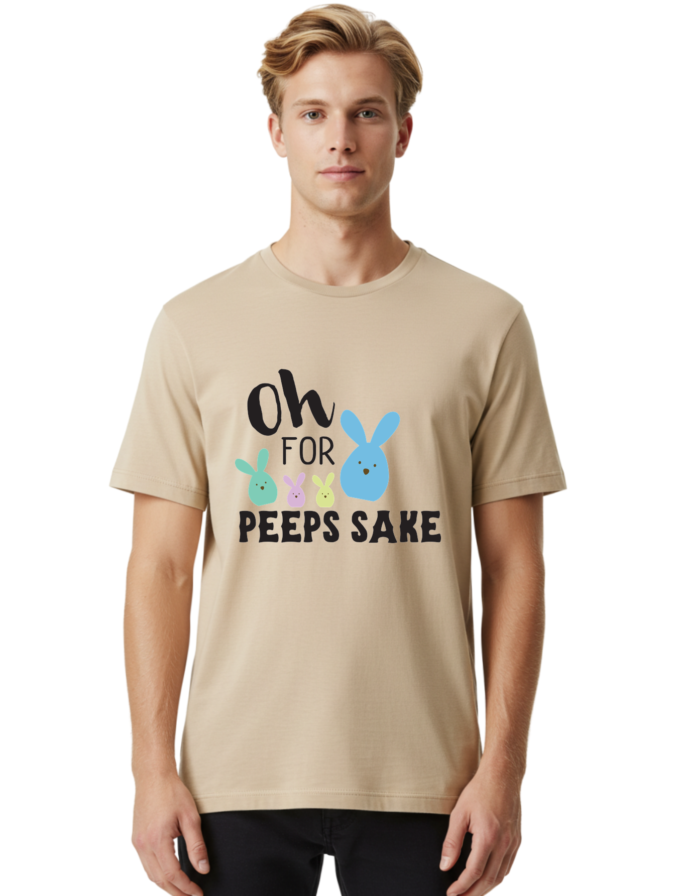 Oh-For-Peeps-Sake Men'S Graphic Tee, 100% Cotton, Comfortable Casual Summer Wear, Machine Washable, Easter Bunnies, Pastel Colors, Cute Cartoon Characters, Funny Easter Quote, Peeps Candy, Bunny Love, Easter Fun, Spring Vibes Aad067