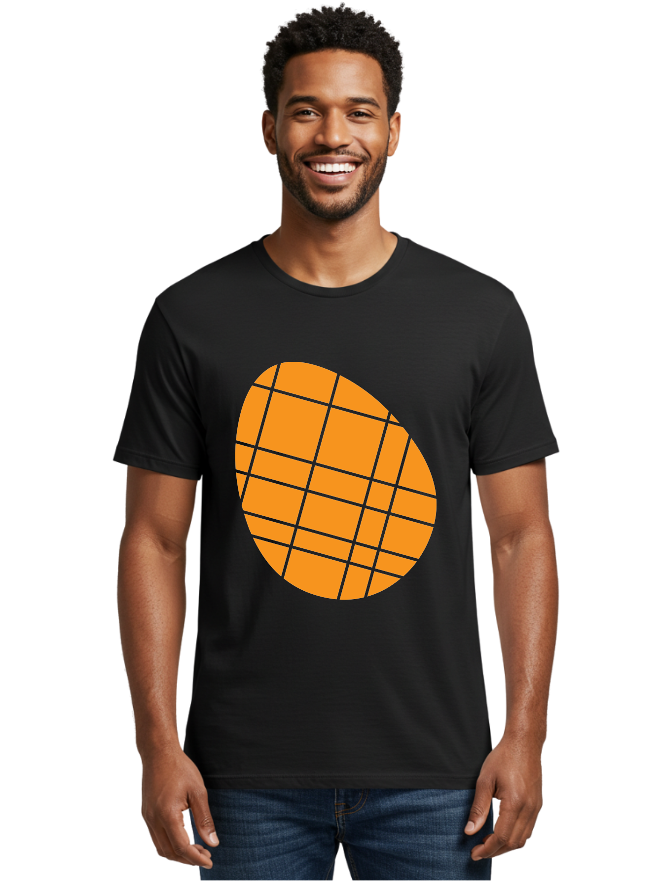 Orange-Grid-Circle Men'S Graphic Tee, 100% Cotton, Comfortable Casual Summer Wear, Machine Washable, Orange Circle, Grid Pattern, Neon Green Grid, Abstract Design, Modern Art, Geometric Shape Aad073