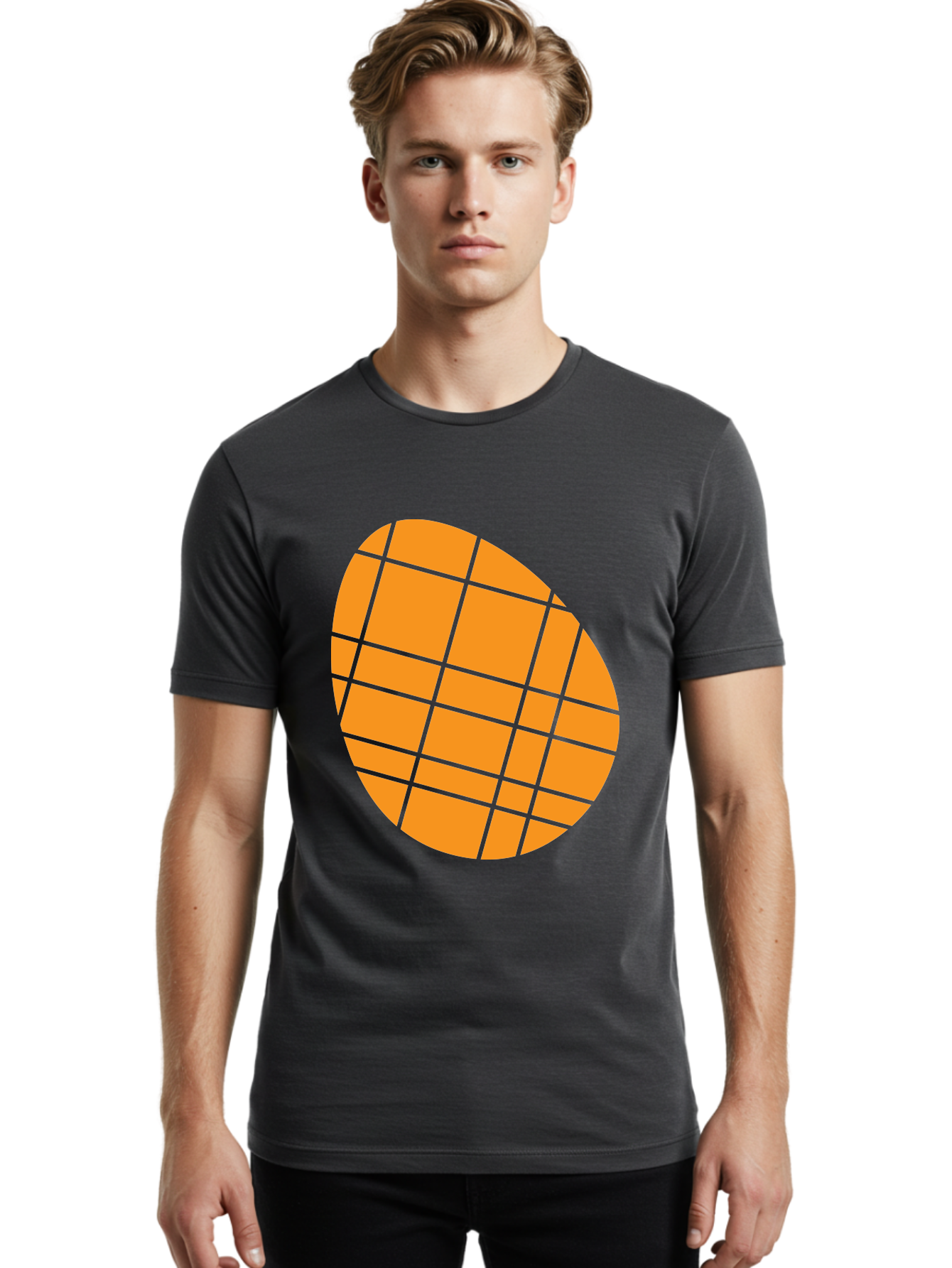 Orange-Grid-Circle Men'S Graphic Tee, 100% Cotton, Comfortable Casual Summer Wear, Machine Washable, Orange Circle, Grid Pattern, Neon Green Grid, Abstract Design, Modern Art, Geometric Shape Aad073