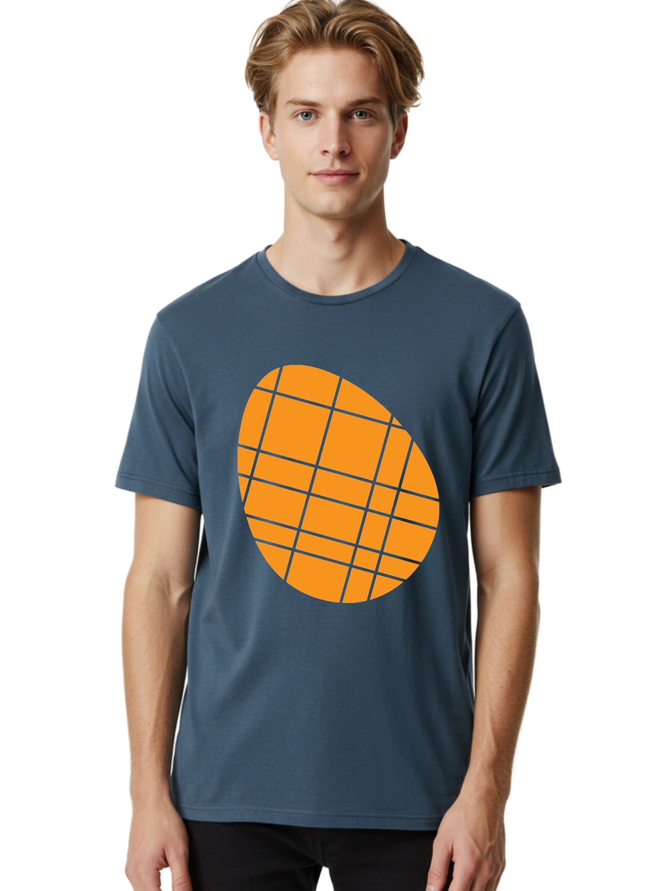 Orange-Grid-Circle Men'S Graphic Tee, 100% Cotton, Comfortable Casual Summer Wear, Machine Washable, Orange Circle, Grid Pattern, Neon Green Grid, Abstract Design, Modern Art, Geometric Shape Aad073