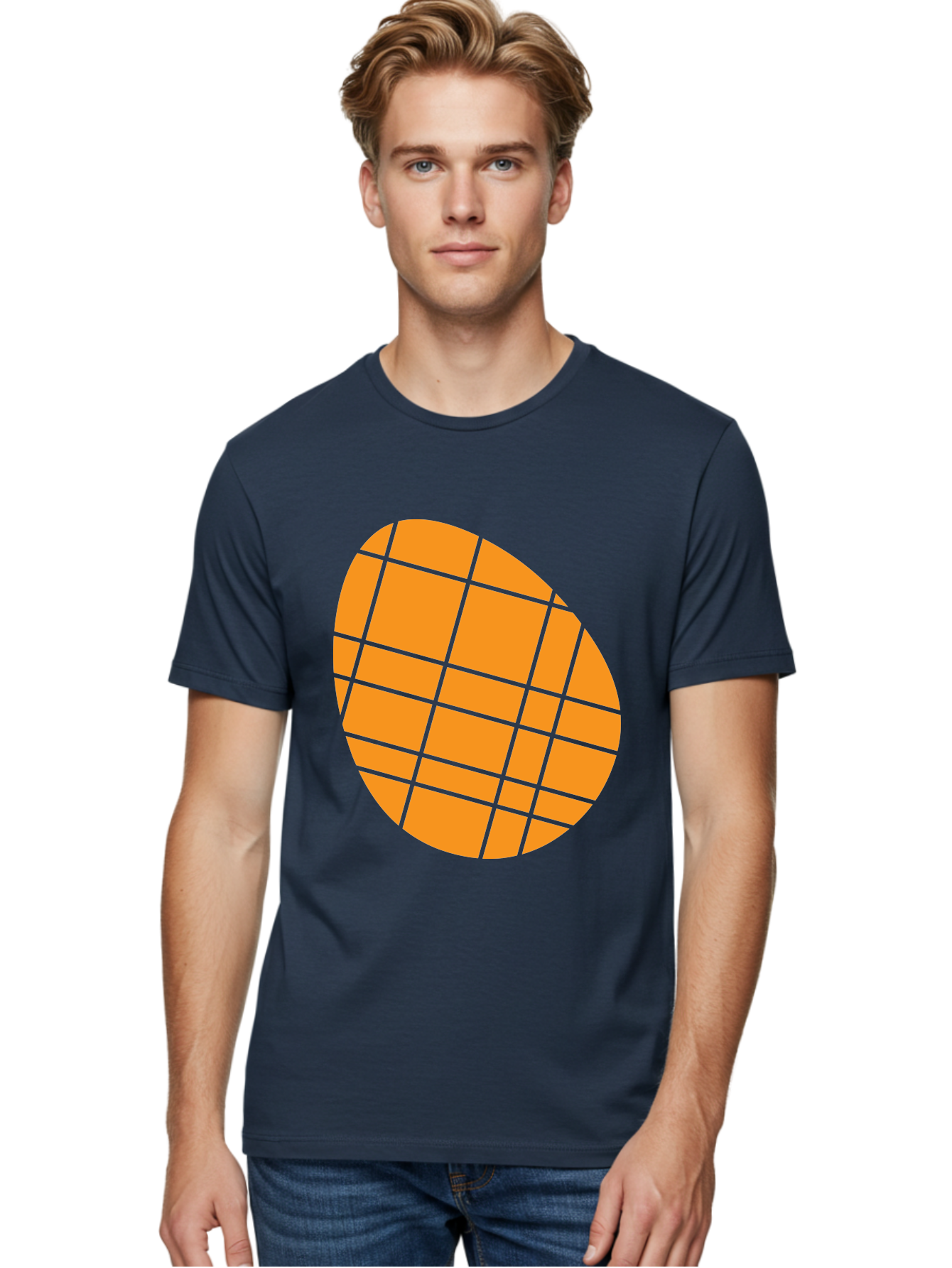 Orange-Grid-Circle Men'S Graphic Tee, 100% Cotton, Comfortable Casual Summer Wear, Machine Washable, Orange Circle, Grid Pattern, Neon Green Grid, Abstract Design, Modern Art, Geometric Shape Aad073