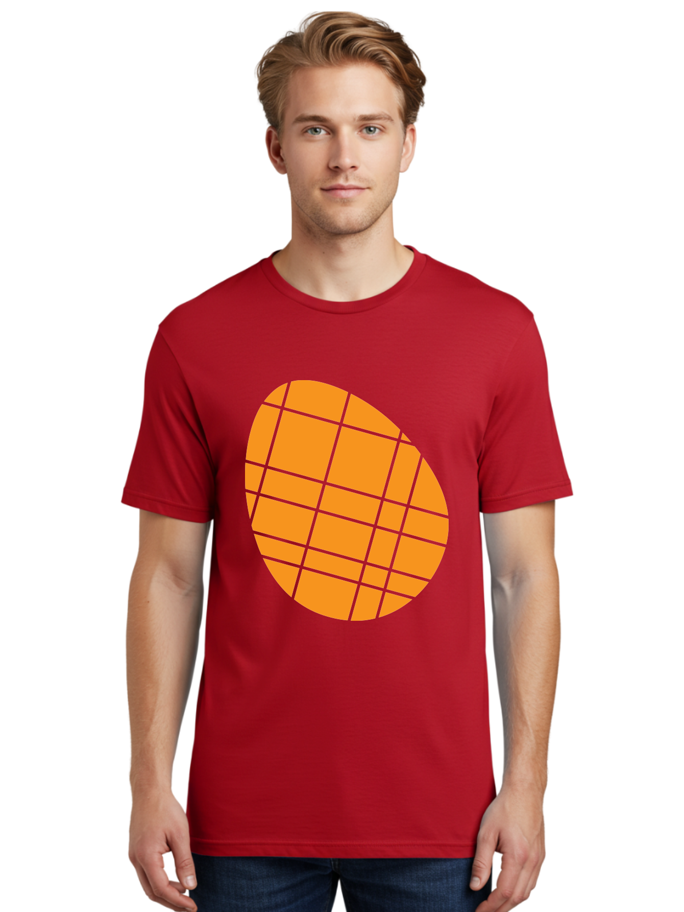 Orange-Grid-Circle Men'S Graphic Tee, 100% Cotton, Comfortable Casual Summer Wear, Machine Washable, Orange Circle, Grid Pattern, Neon Green Grid, Abstract Design, Modern Art, Geometric Shape Aad073