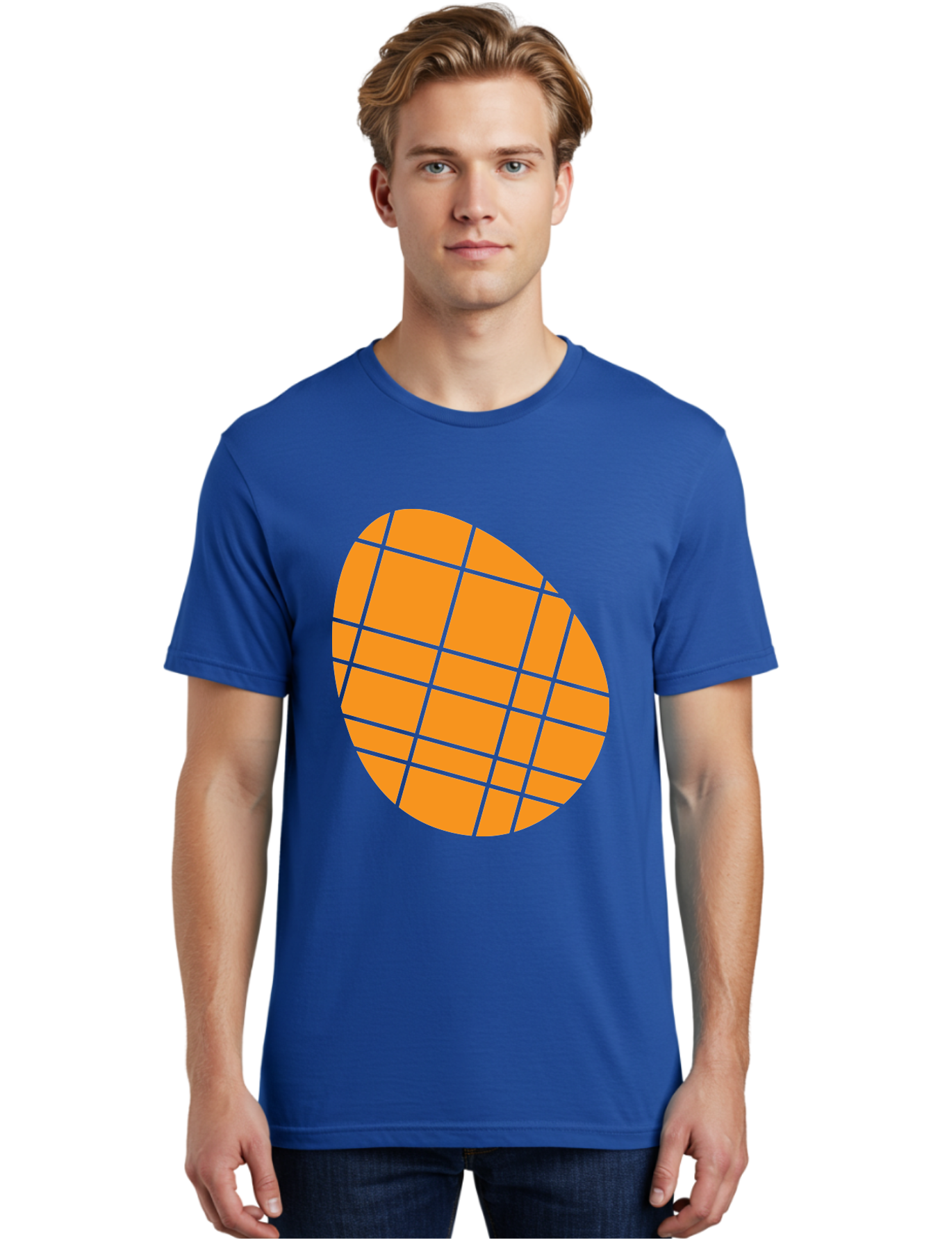 Orange-Grid-Circle Men'S Graphic Tee, 100% Cotton, Comfortable Casual Summer Wear, Machine Washable, Orange Circle, Grid Pattern, Neon Green Grid, Abstract Design, Modern Art, Geometric Shape Aad073