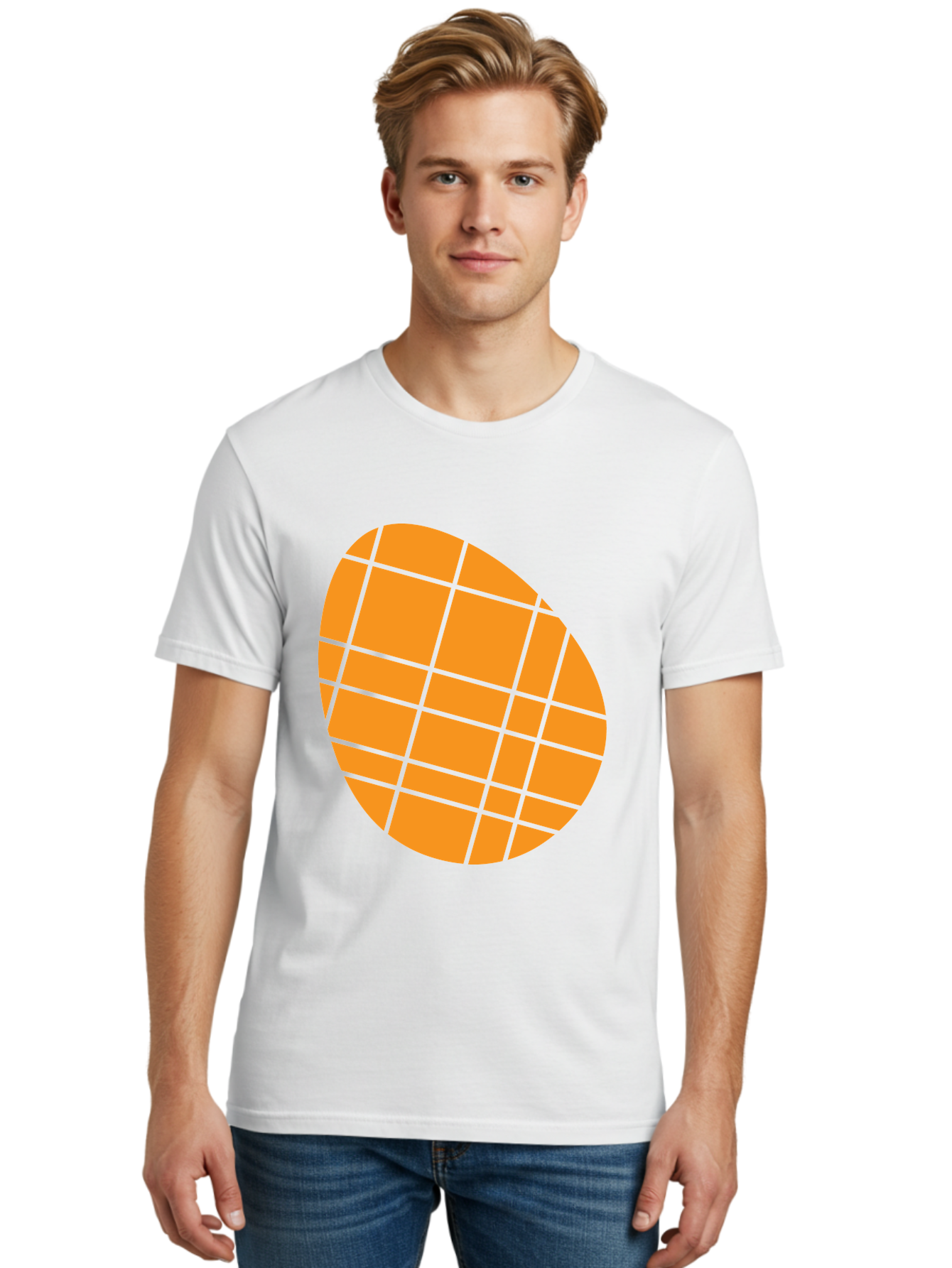 Orange-Grid-Circle Men'S Graphic Tee, 100% Cotton, Comfortable Casual Summer Wear, Machine Washable, Orange Circle, Grid Pattern, Neon Green Grid, Abstract Design, Modern Art, Geometric Shape Aad073