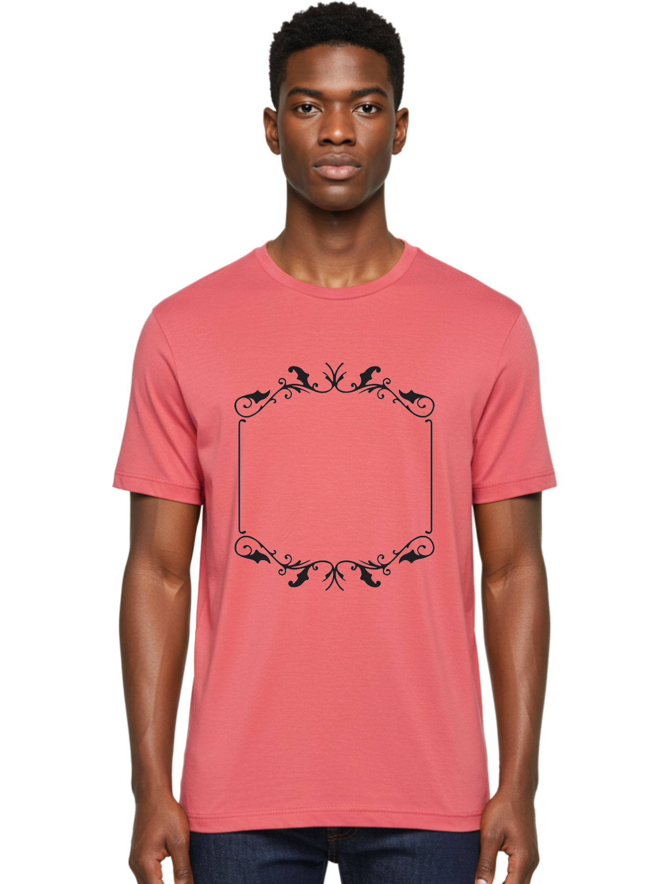 Ornate-Frame Men'S Graphic Tee, 100% Cotton, Comfortable Casual Summer Wear, Machine Washable, Floral Frame, Black Frame, Decorative Border, Elegant Design, Symmetrical, Ornate Details, Vintage Style, Classic Pattern Aad078