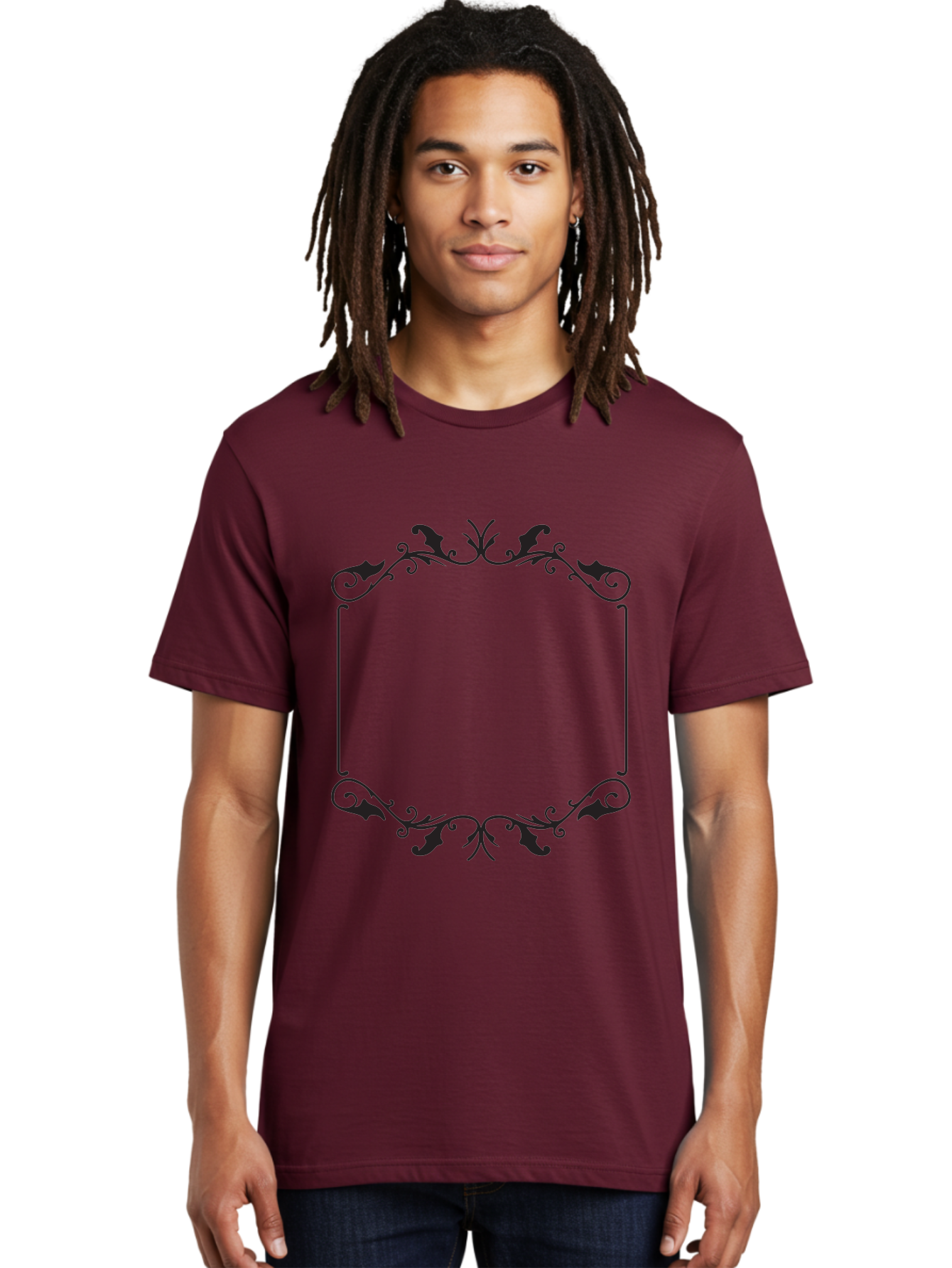 Ornate-Frame Men'S Graphic Tee, 100% Cotton, Comfortable Casual Summer Wear, Machine Washable, Floral Frame, Black Frame, Decorative Border, Elegant Design, Symmetrical, Ornate Details, Vintage Style, Classic Pattern Aad078