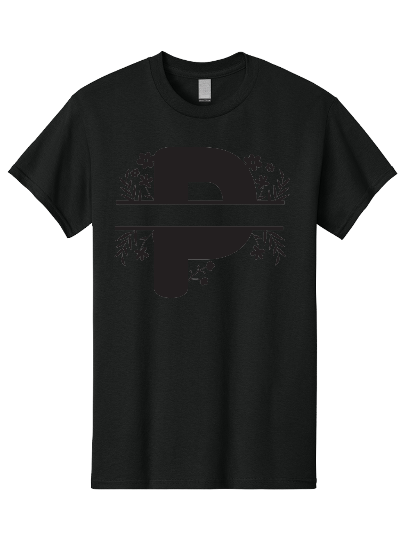P-1 Men'S Graphic Tee, 100% Cotton, Comfortable Casual Summer Wear, Machine Washable, Large Black Letter P, Floral Designs, Flowers And Leaves, Black Silhouettes, Bold Typography, Decorative Elements, Symbolic Representation Aad081