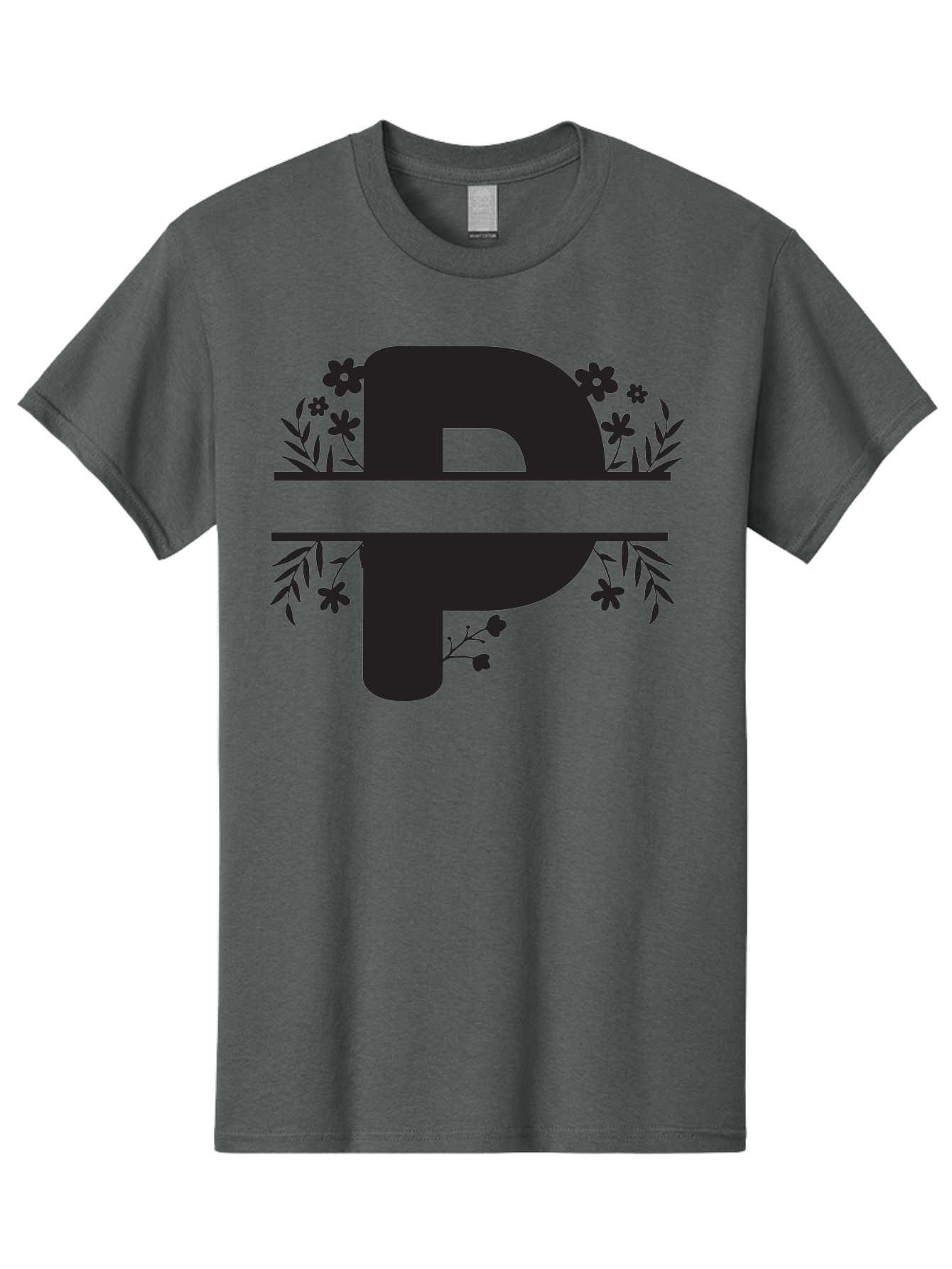 P-1 Men'S Graphic Tee, 100% Cotton, Comfortable Casual Summer Wear, Machine Washable, Large Black Letter P, Floral Designs, Flowers And Leaves, Black Silhouettes, Bold Typography, Decorative Elements, Symbolic Representation Aad081