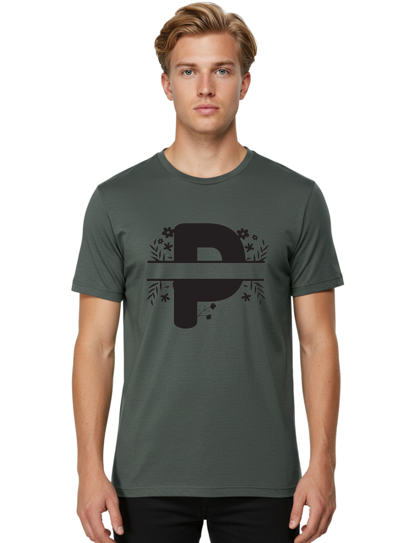 P-1 Men'S Graphic Tee, 100% Cotton, Comfortable Casual Summer Wear, Machine Washable, Large Black Letter P, Floral Designs, Flowers And Leaves, Black Silhouettes, Bold Typography, Decorative Elements, Symbolic Representation Aad081