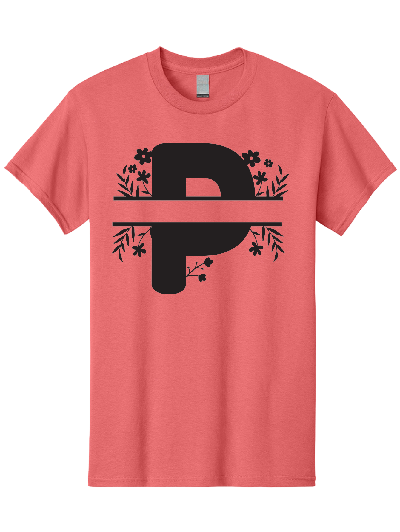 P-1 Men'S Graphic Tee, 100% Cotton, Comfortable Casual Summer Wear, Machine Washable, Large Black Letter P, Floral Designs, Flowers And Leaves, Black Silhouettes, Bold Typography, Decorative Elements, Symbolic Representation Aad081