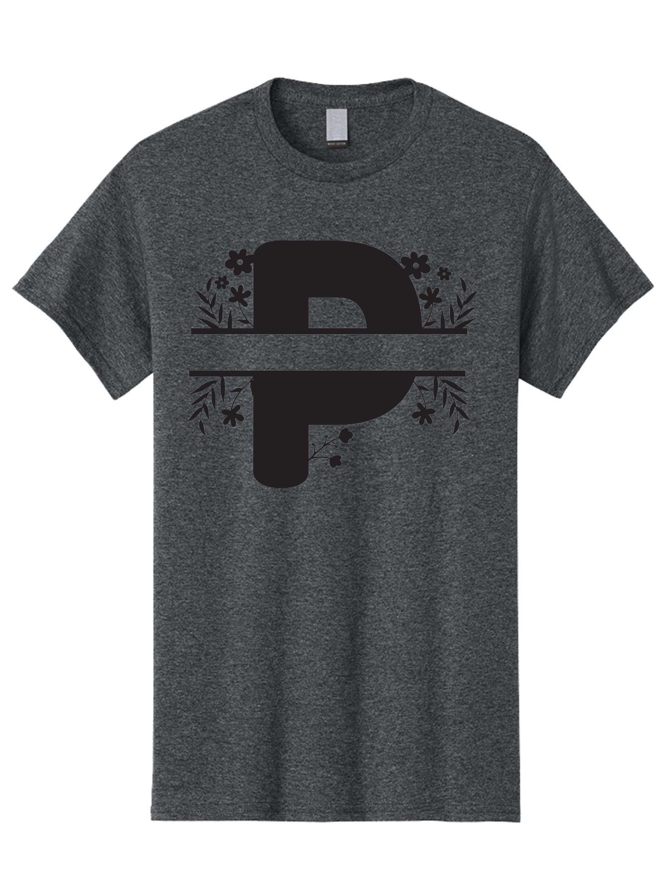 P-1 Men'S Graphic Tee, 100% Cotton, Comfortable Casual Summer Wear, Machine Washable, Large Black Letter P, Floral Designs, Flowers And Leaves, Black Silhouettes, Bold Typography, Decorative Elements, Symbolic Representation Aad081