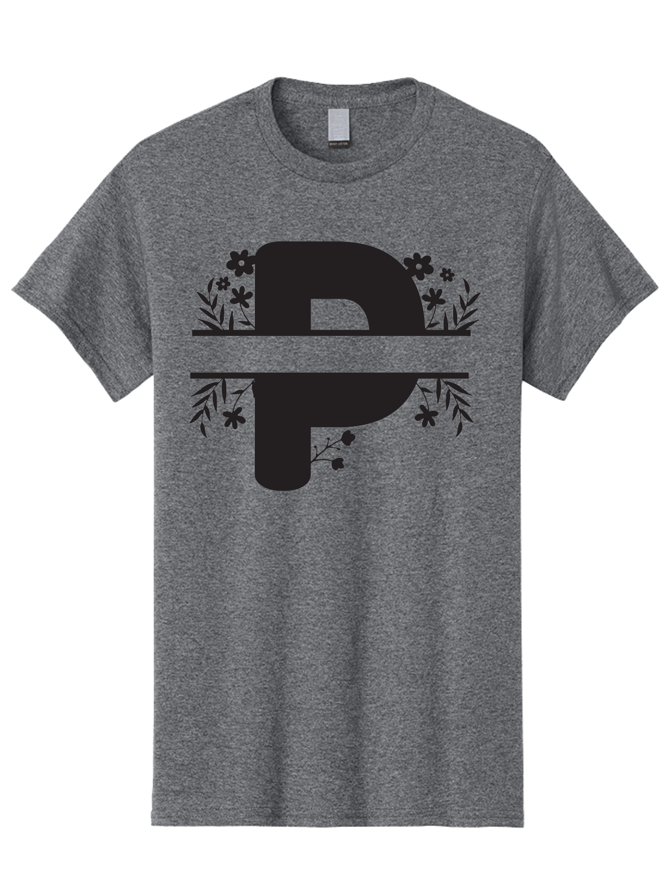 P-1 Men'S Graphic Tee, 100% Cotton, Comfortable Casual Summer Wear, Machine Washable, Large Black Letter P, Floral Designs, Flowers And Leaves, Black Silhouettes, Bold Typography, Decorative Elements, Symbolic Representation Aad081