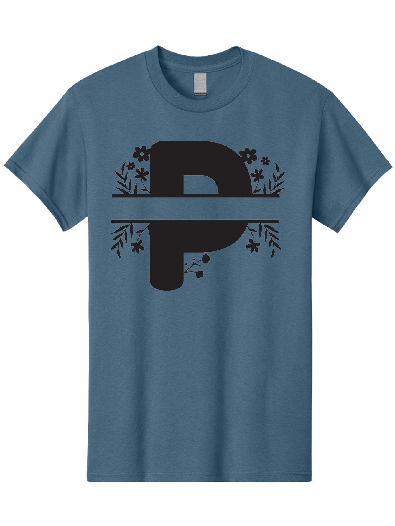 P-1 Men'S Graphic Tee, 100% Cotton, Comfortable Casual Summer Wear, Machine Washable, Large Black Letter P, Floral Designs, Flowers And Leaves, Black Silhouettes, Bold Typography, Decorative Elements, Symbolic Representation Aad081